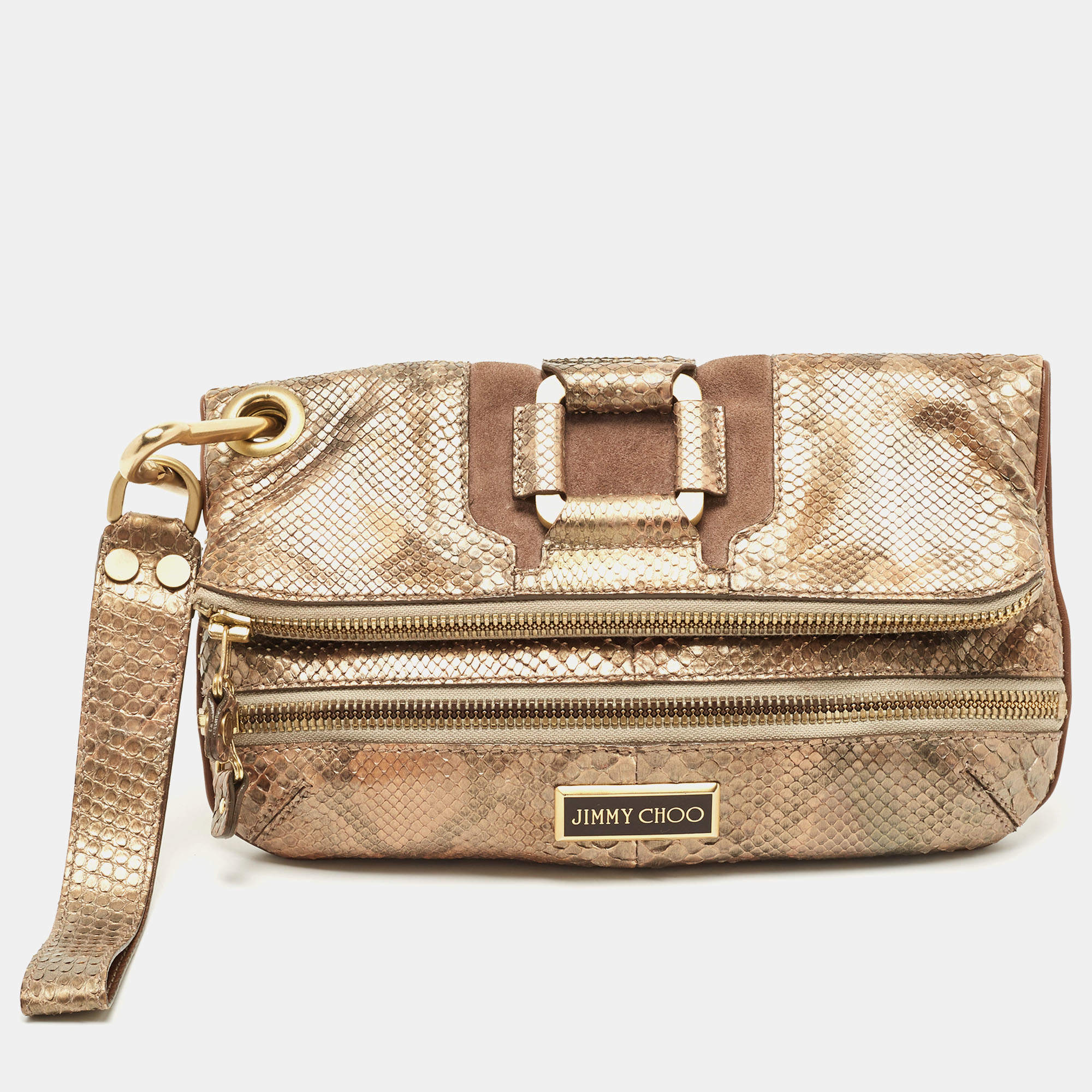 Pre Owned Jimmy Choo Gold/Grey Python Leather Mave Foldover Clutch