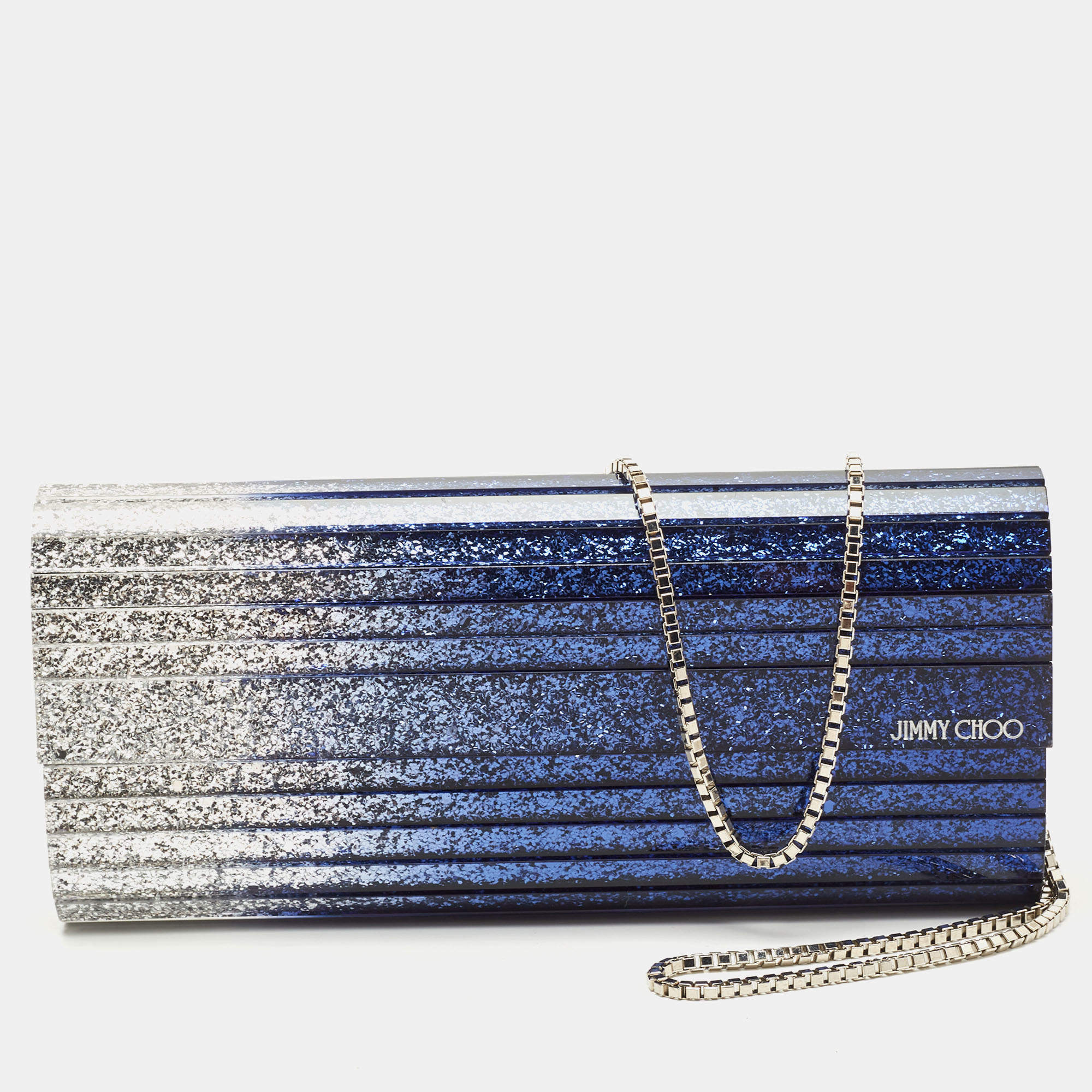 Pre Owned Jimmy Choo Blue/Silver Ombre Glitter Acrylic Sweetie Chain Clutch