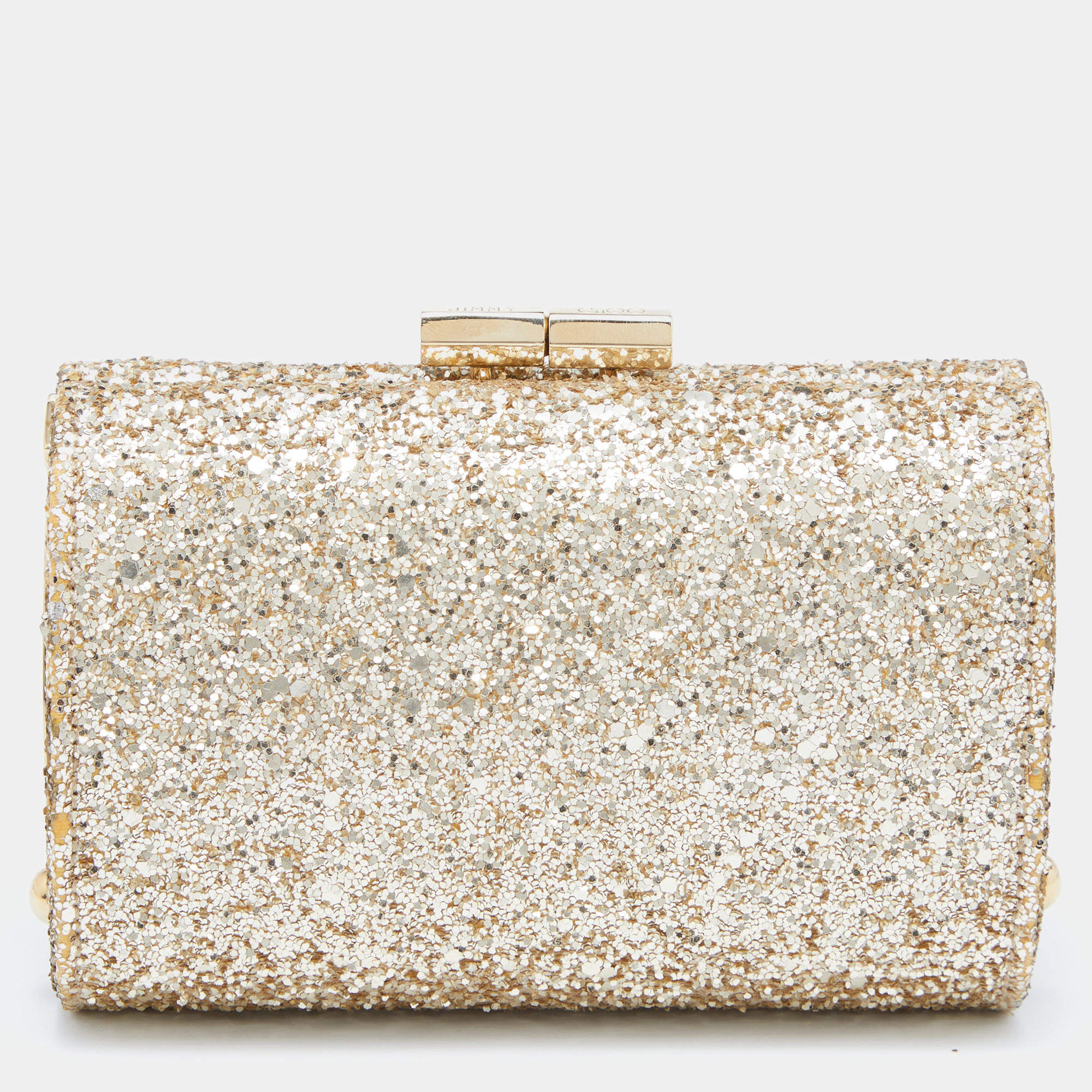 Pre Owned Jimmy Choo Gold Glitter Mini Twill Tube Clutch 