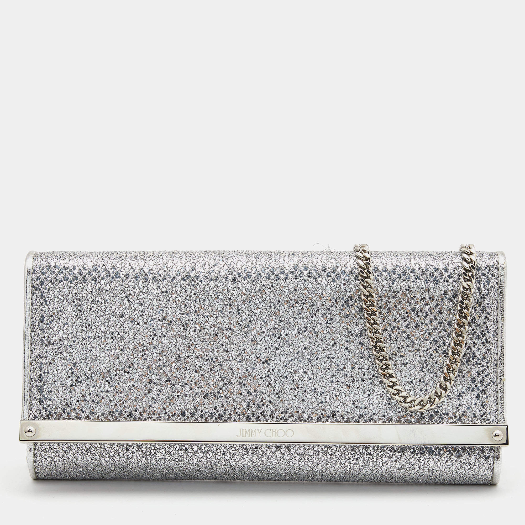 Jimmy Choo Silver Glitter and Leather Milla Chain Clutch