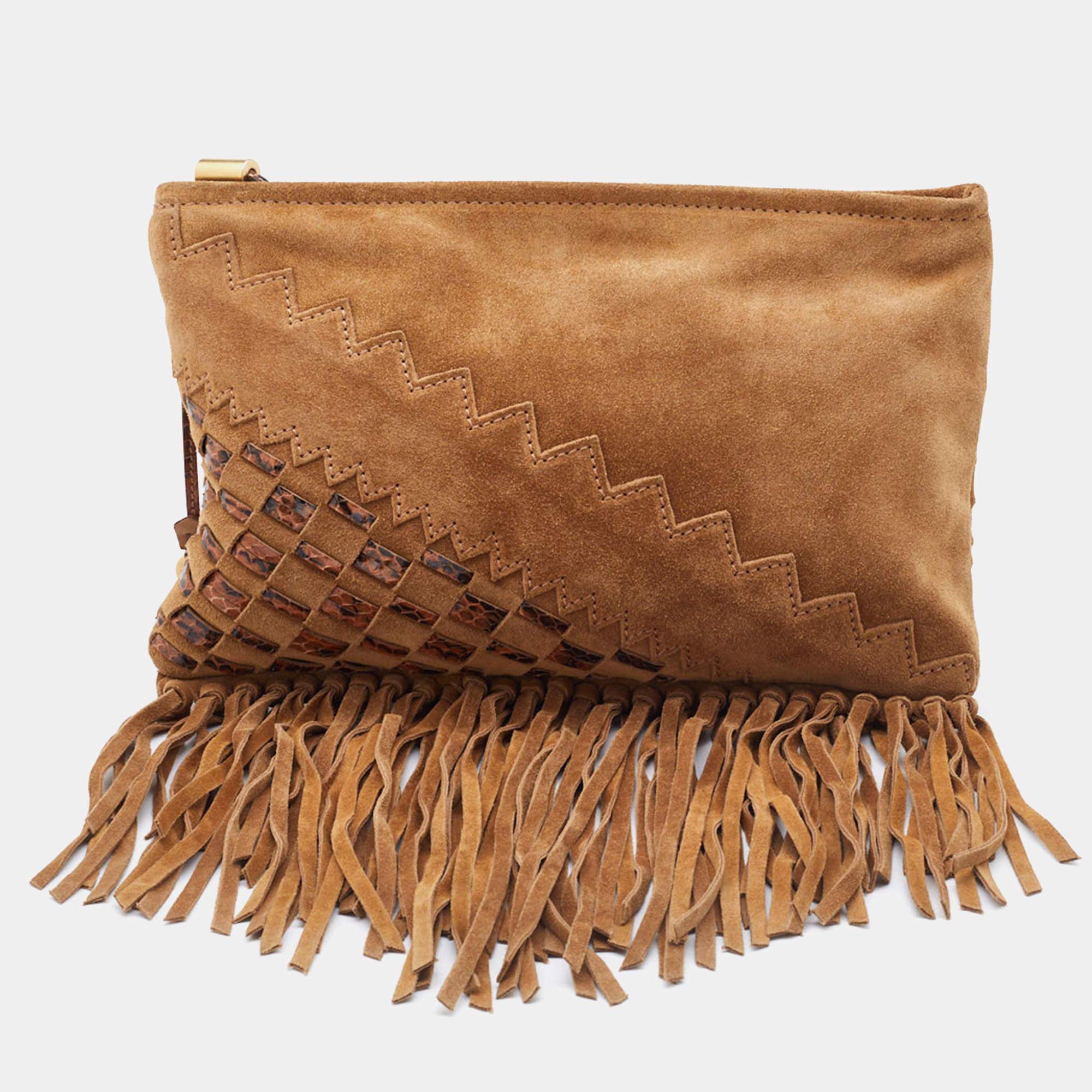 Pre Owned Jimmy Choo Brown Suede and Watersnake Leather Fringe Tita Convertible Clutch 