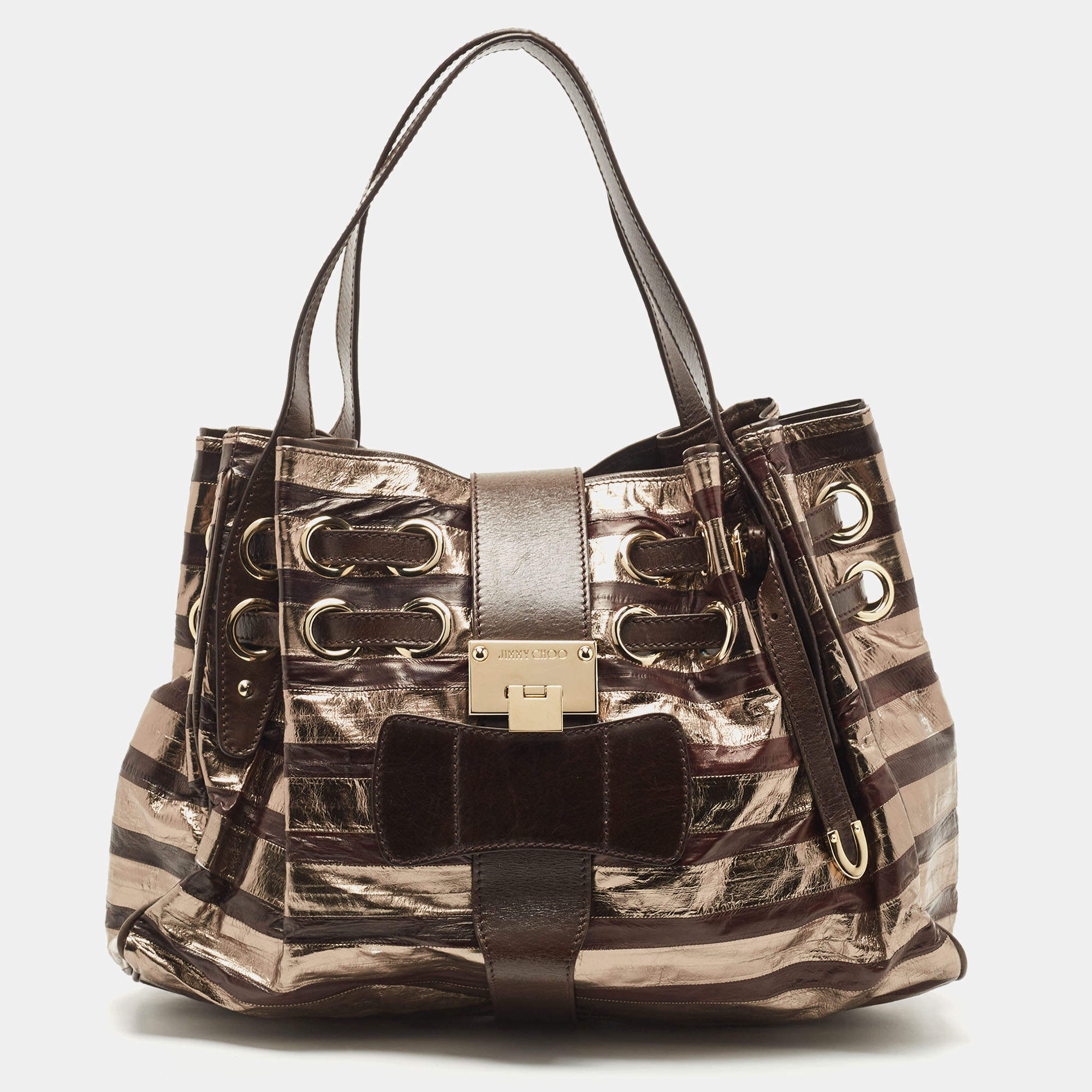 Pre Owned Jimmy Choo Dark Brown/Gold Eel Leather Ramona Hobo