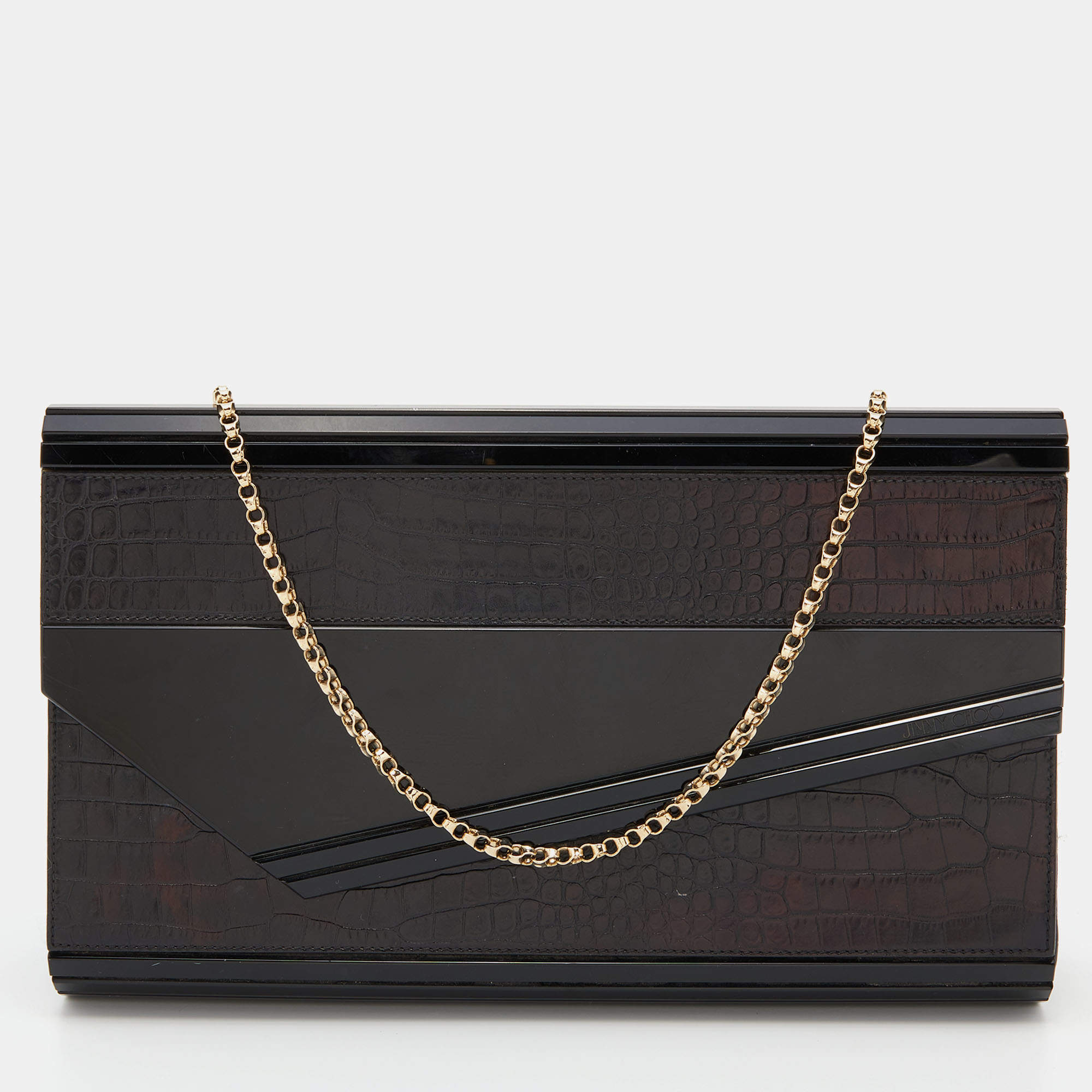 Pre Owned Jimmy Choo Black Croc Embossed Leather and Acrylic Candy Chain Clutch