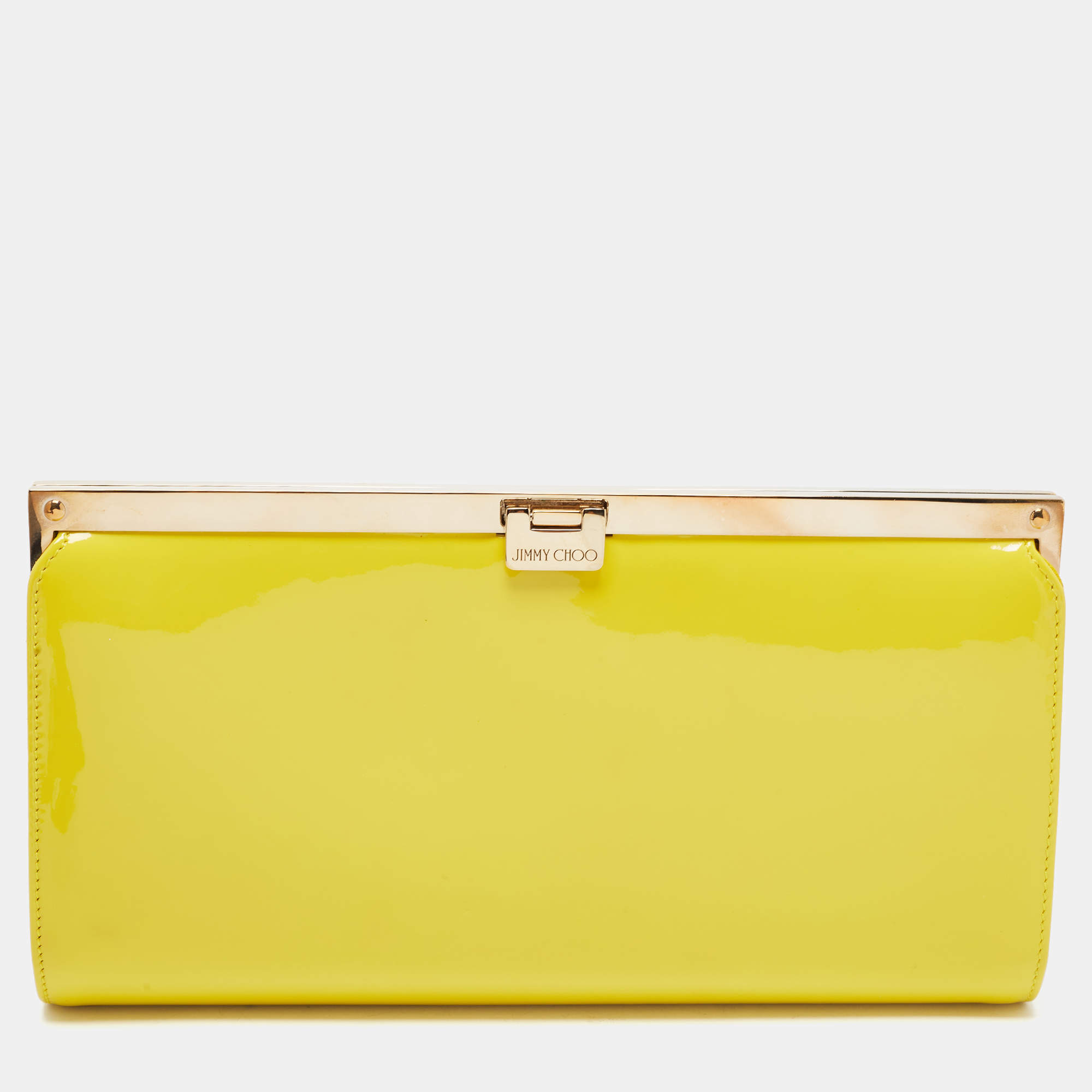 Jimmy Choo Yellow Patent Leather and Suede Metal Frame Clutch