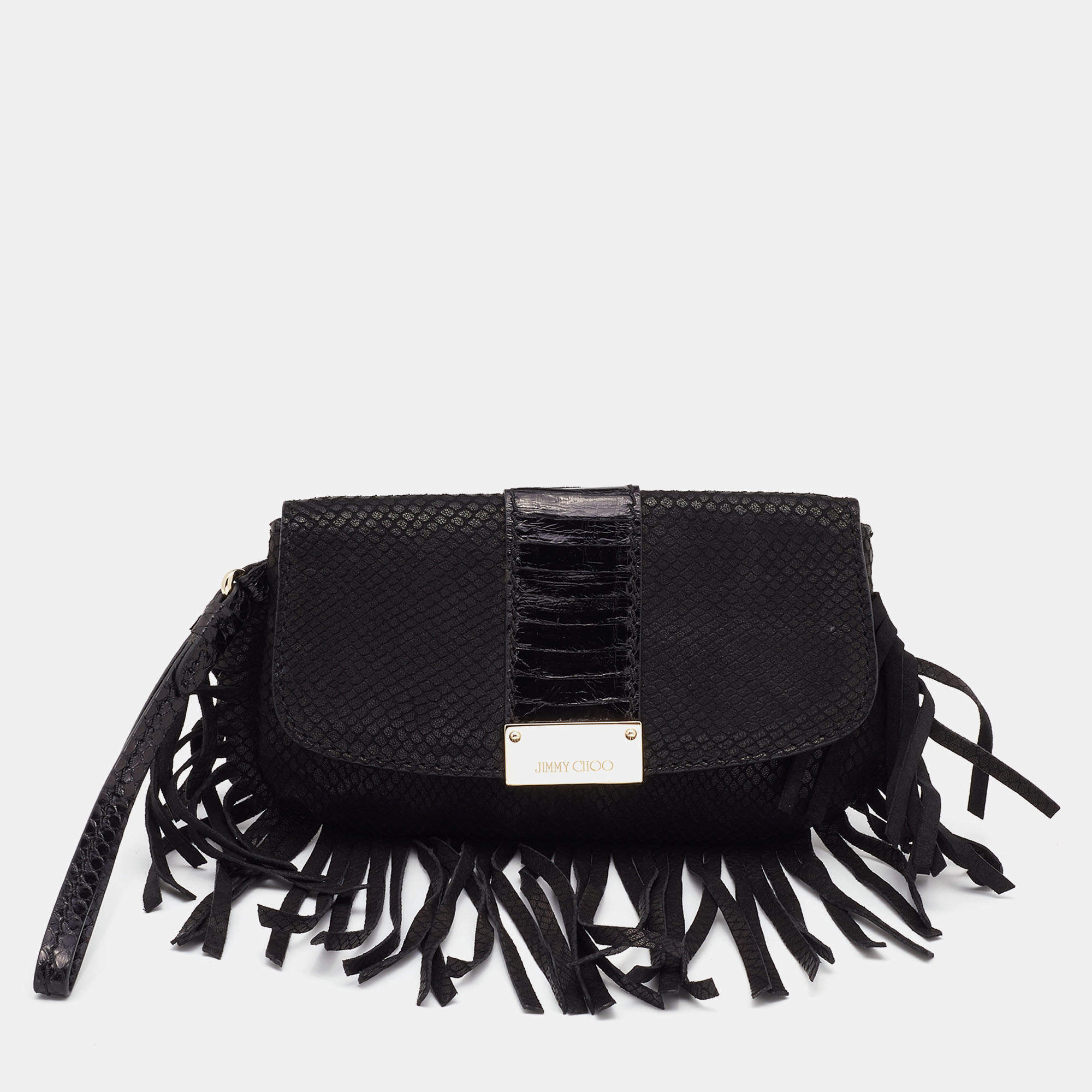 مملوكة مسبقًا Jimmy Choo Black Snakeskin Embossed and Watersnake Leather Fringe Clutch
