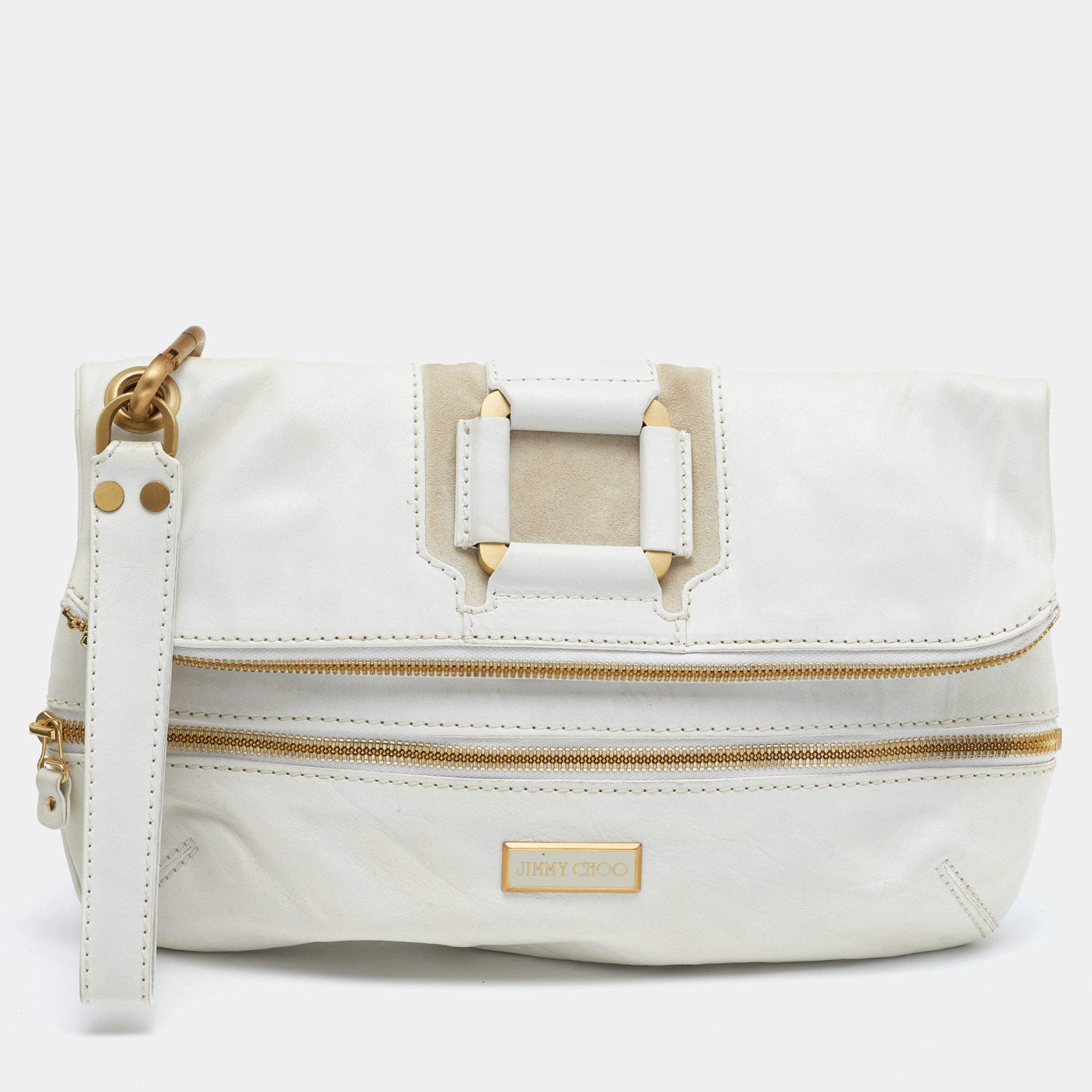 Jimmy Choo White Leather and Suede Large Mave Foldover Clutch