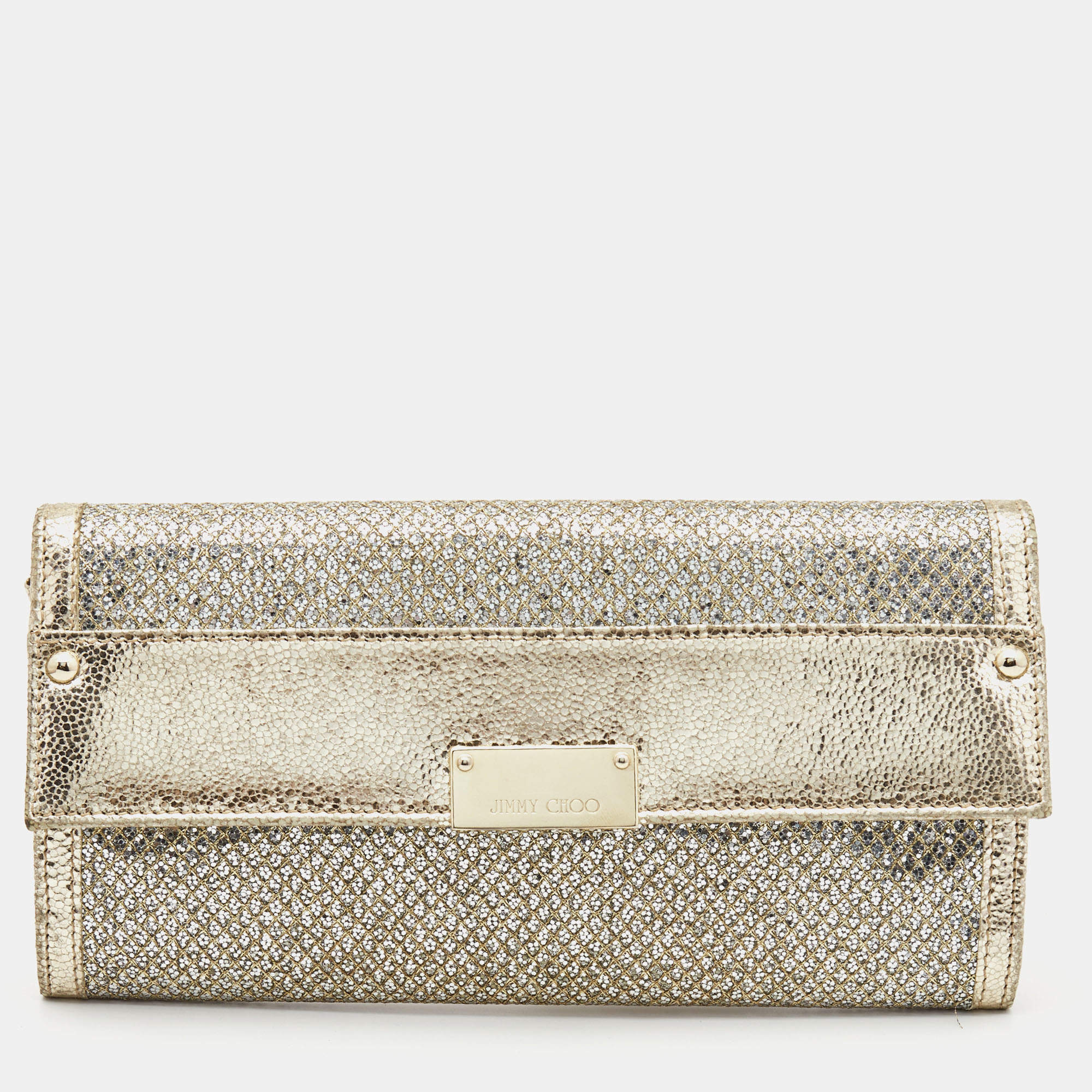 Pre Owned Jimmy Choo Gold Glitter and Leather Reese Continental Clutch