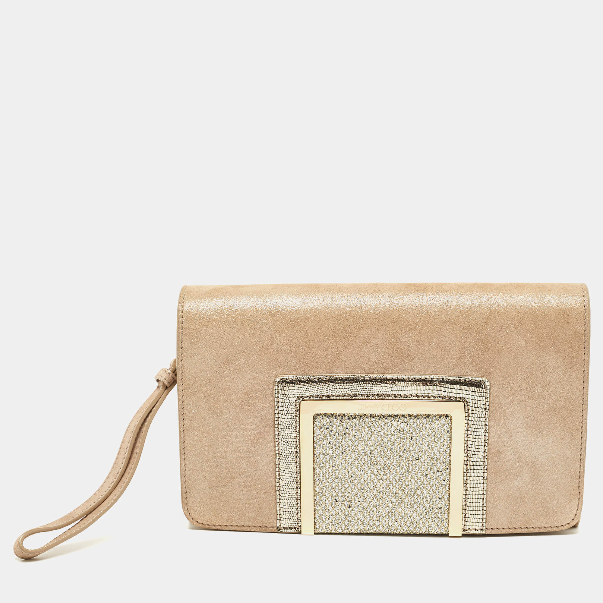 Pre Owned Jimmy Choo Gold Shimmer Suede Alara Wristlet Clutch