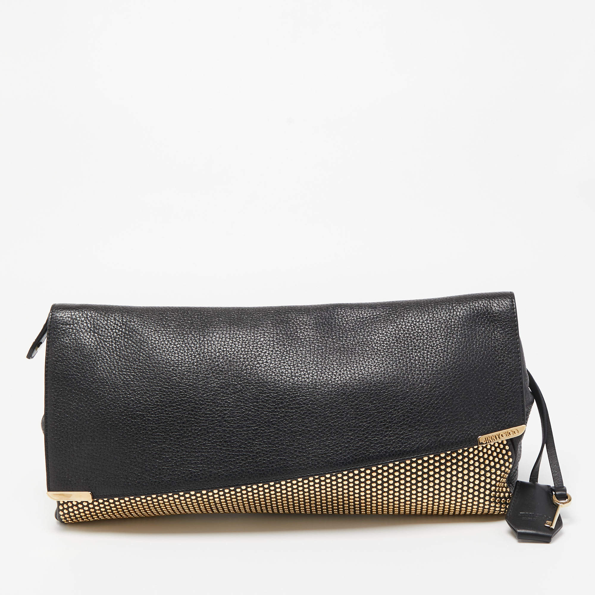 Jimmy Choo Black/Gold Leather Studded Oversized Clutch