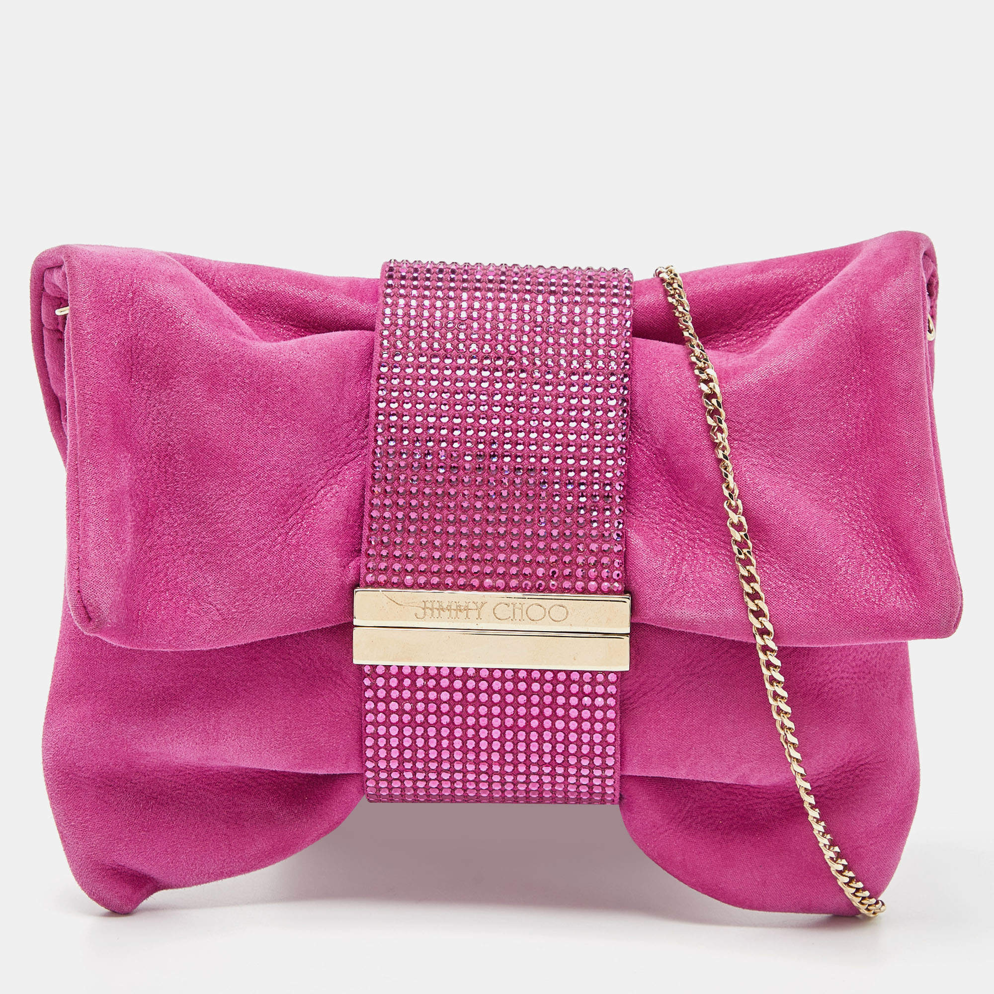 Pre Owned Jimmy Choo Pink Shimmer Suede Chandra Chain Clutch