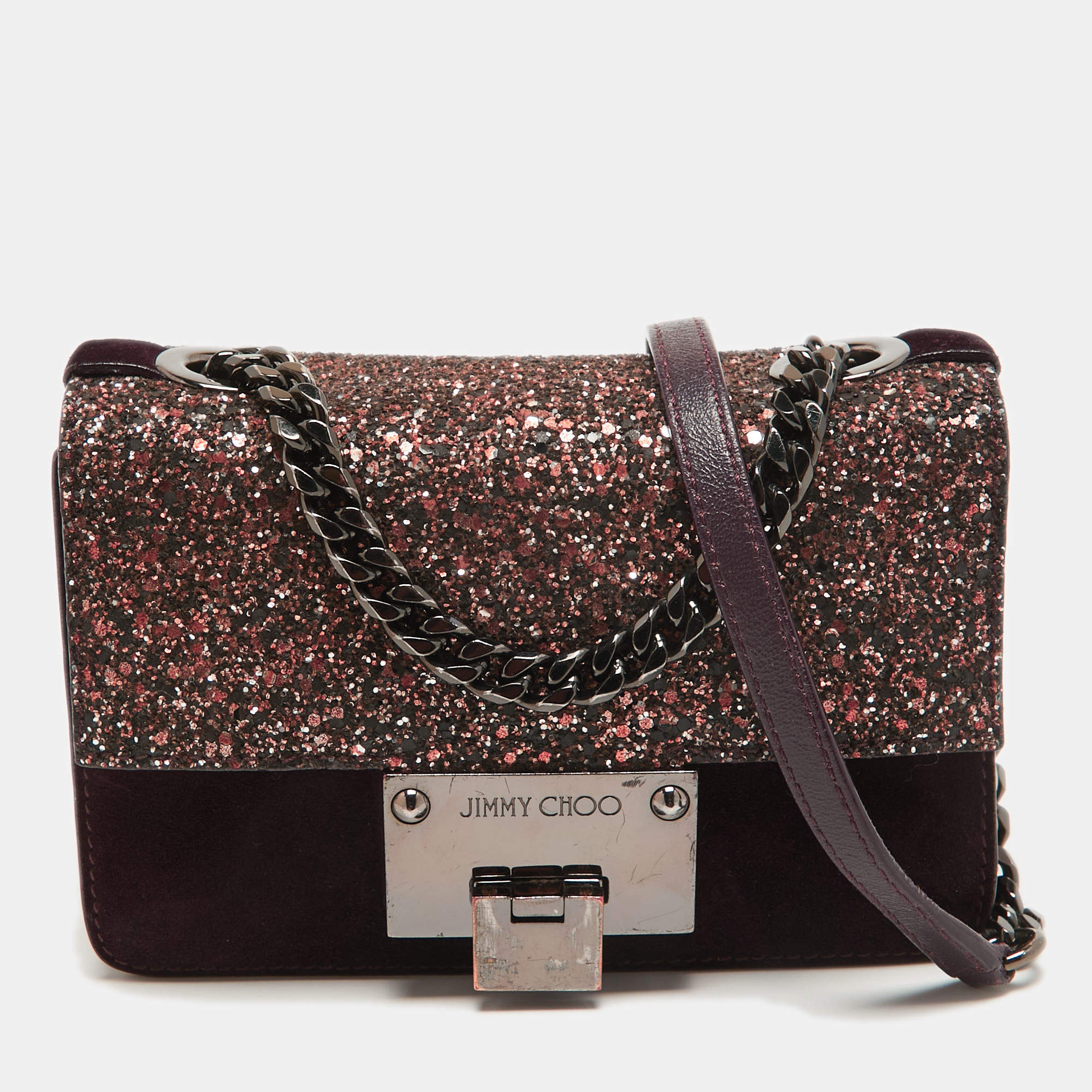 مملوكة مسبقًا Jimmy Choo Purple/Brown Suede and Glitter Rebel Crossbody Bag