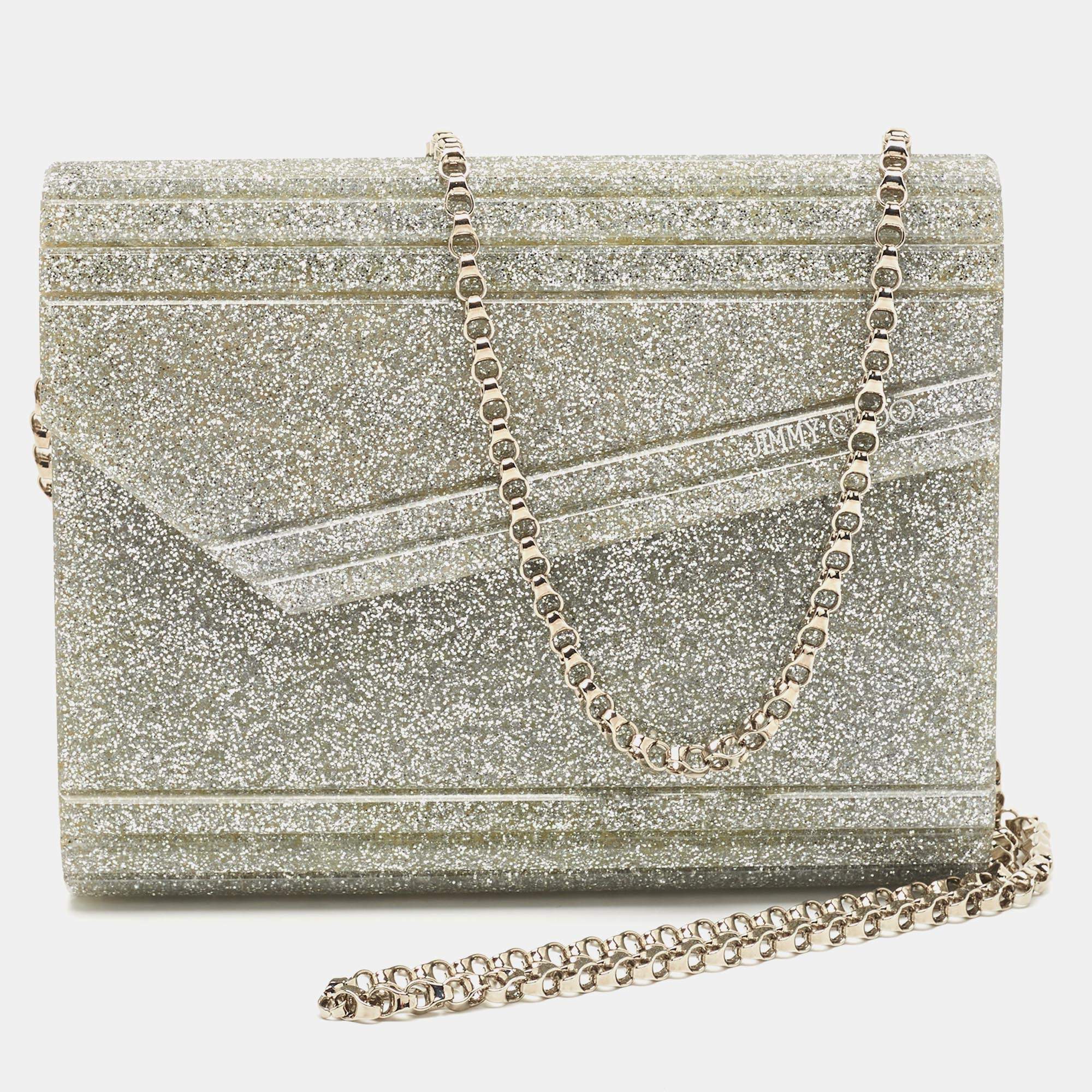 Pre Owned Jimmy Choo Silver Glitter Acrylic and Leather Candy Chain Clutch 