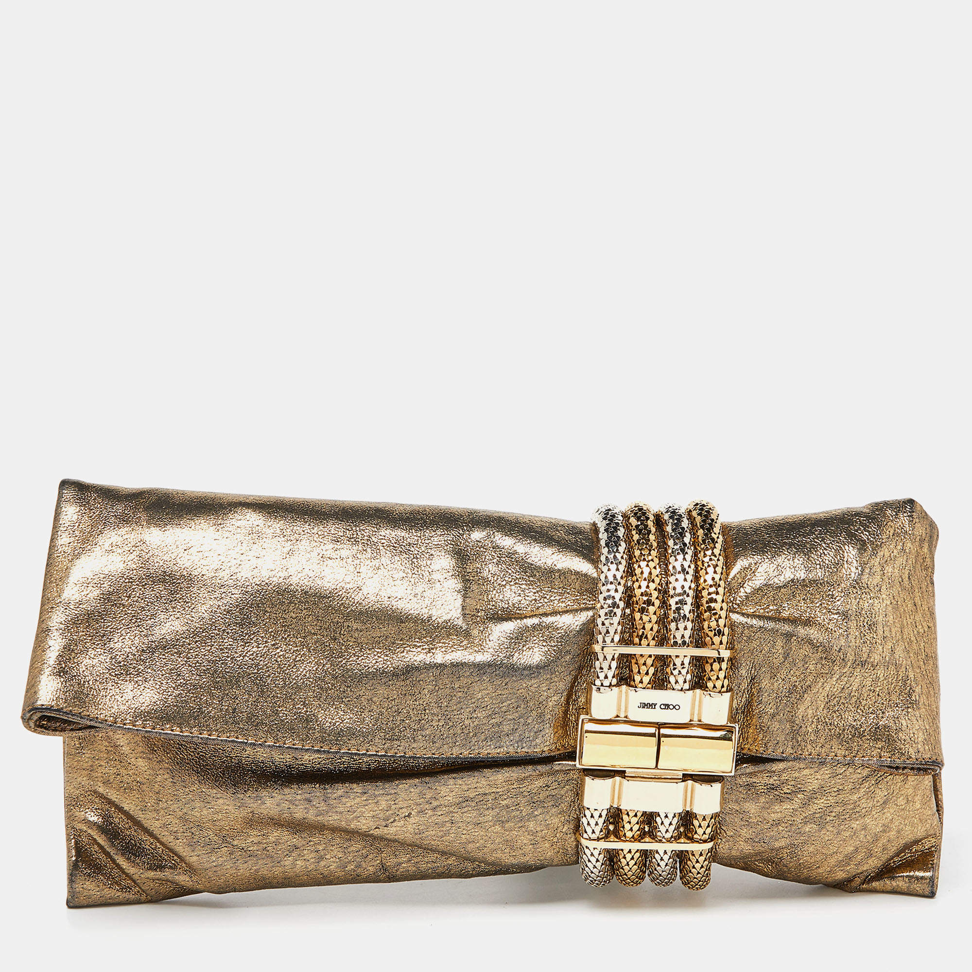 Pre Owned Jimmy Choo Gold Shimmery Leather Chandra Clutch