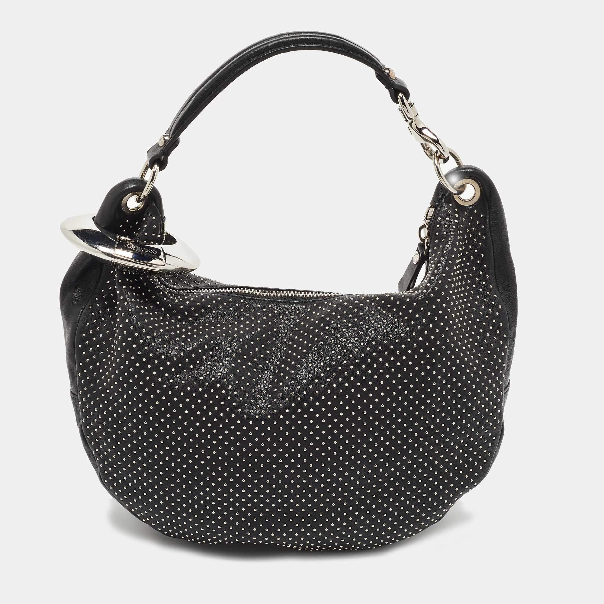 Pre Owned Jimmy Choo Black Leather Studded Solar Hobo
