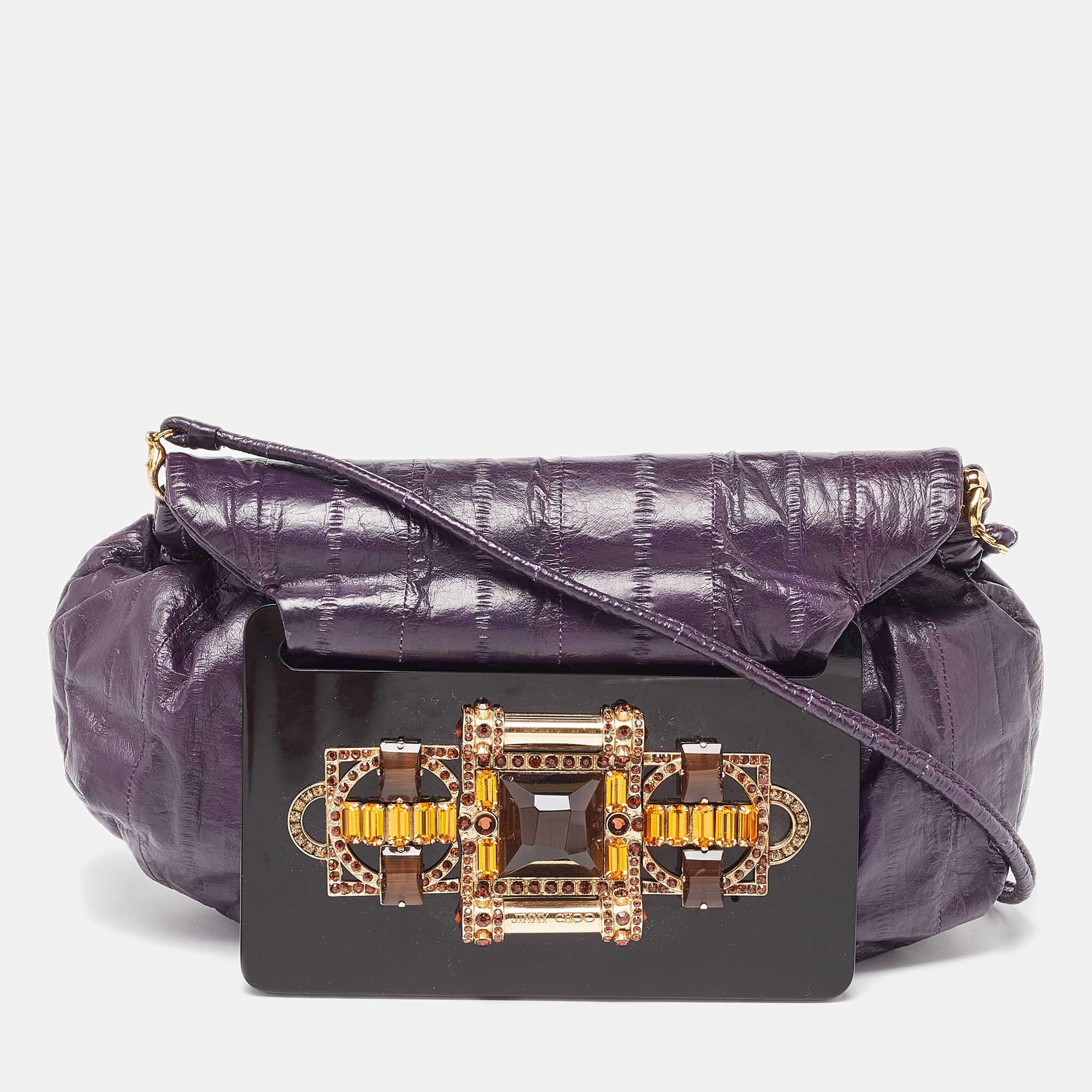 Pre Owned Jimmy Choo Purple Eel Leather Crystal Embellished Strap Clutch