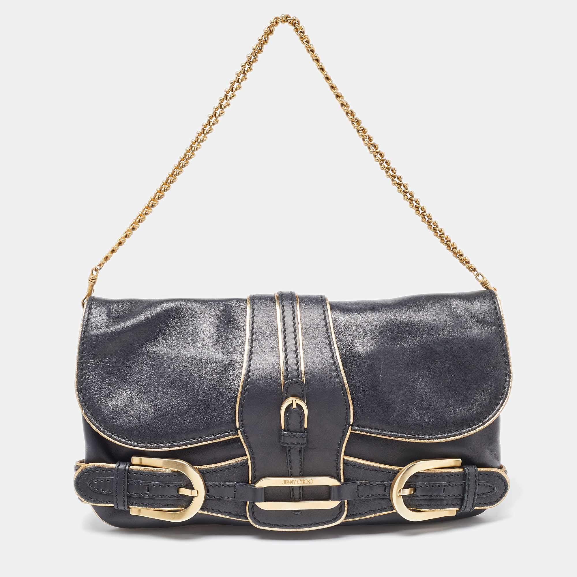 Pre Owned Jimmy Choo Black Leather Troy Chain Shoulder Bag