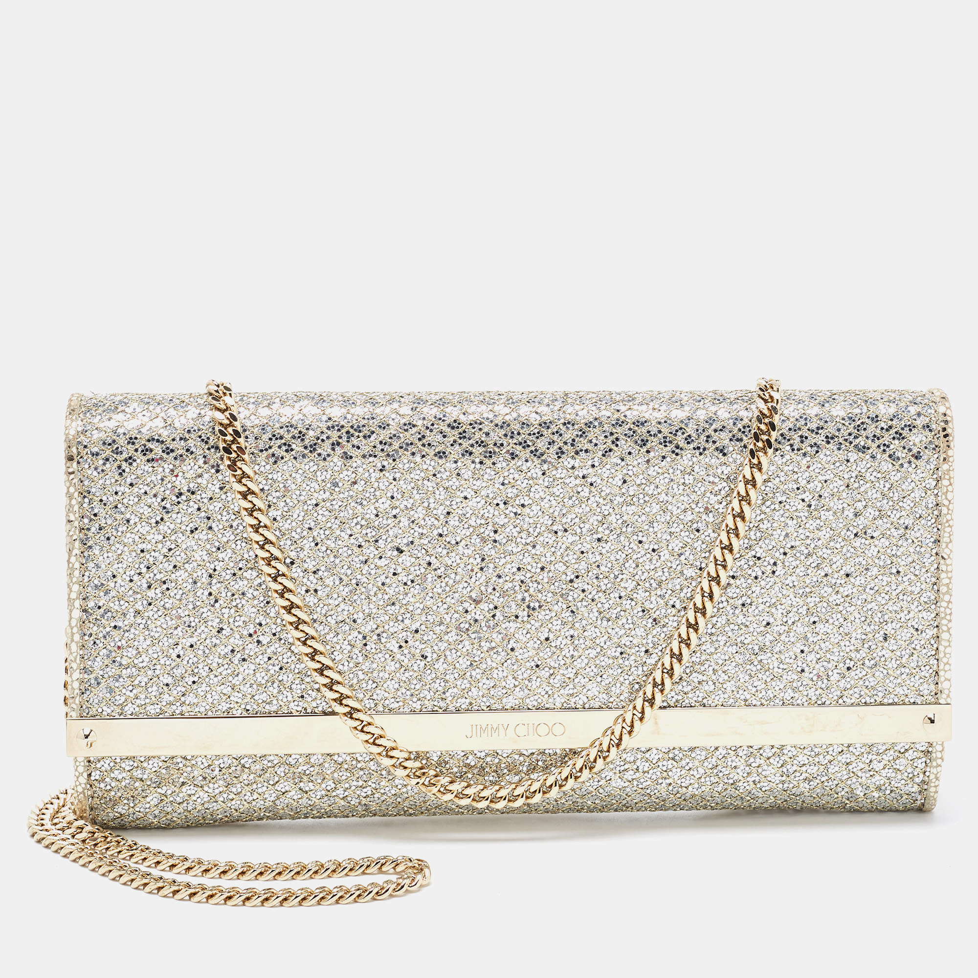 Pre Owned Jimmy Choo Silver Glitter Fabric Milla Chain Clutch