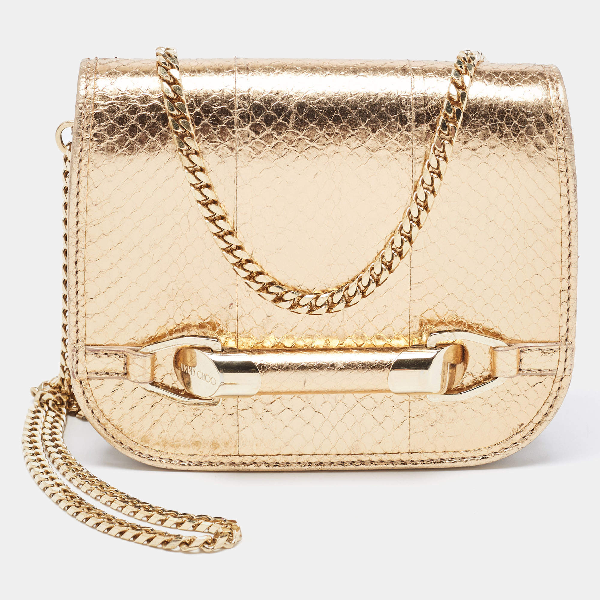 Pre Owned Jimmy Choo Gold/Beige Leather and Snake Skin Trim Zadie Crossbody Bag