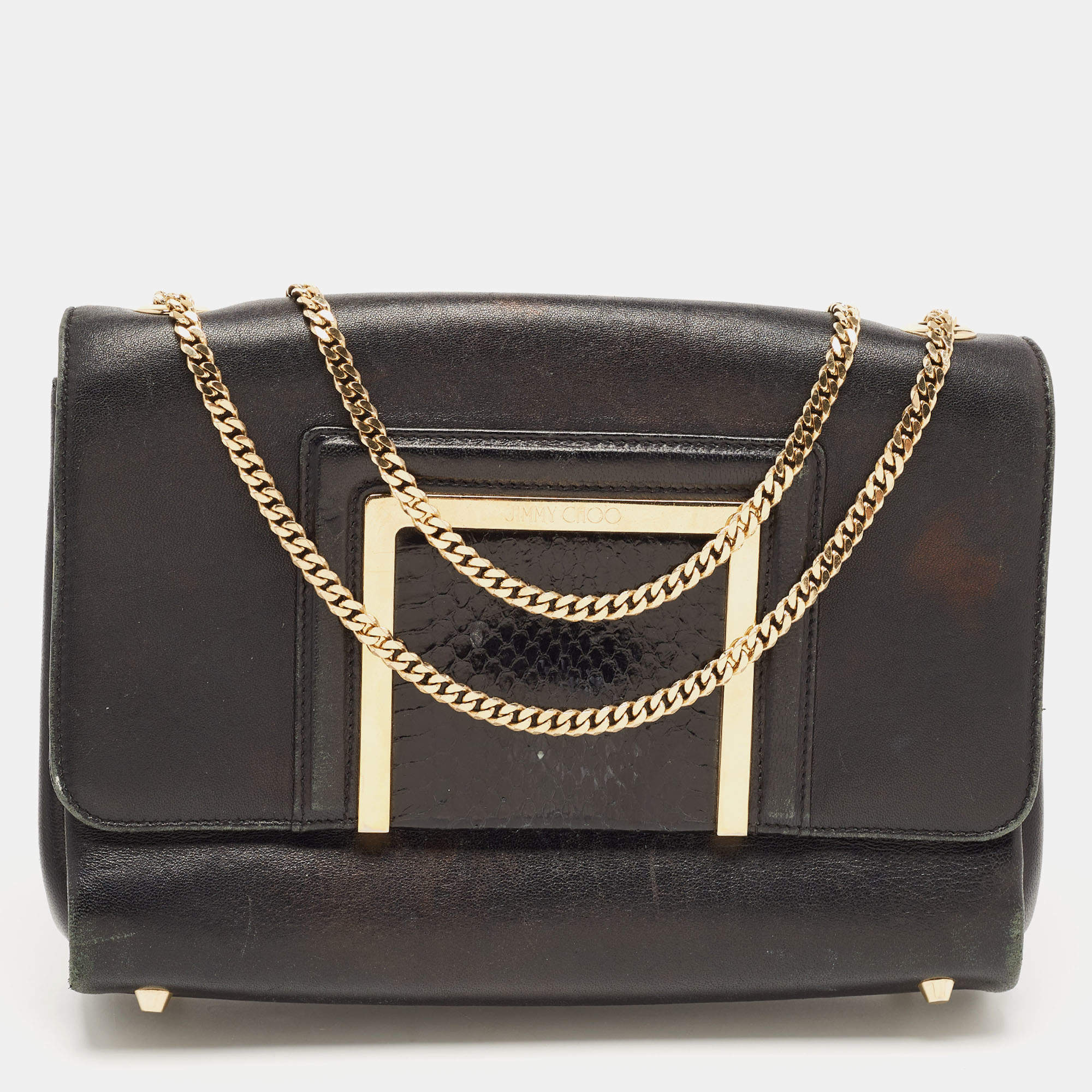 Pre Owned Jimmy Choo Black Leather and Snakeskin Trim Alba Shoulder Bag