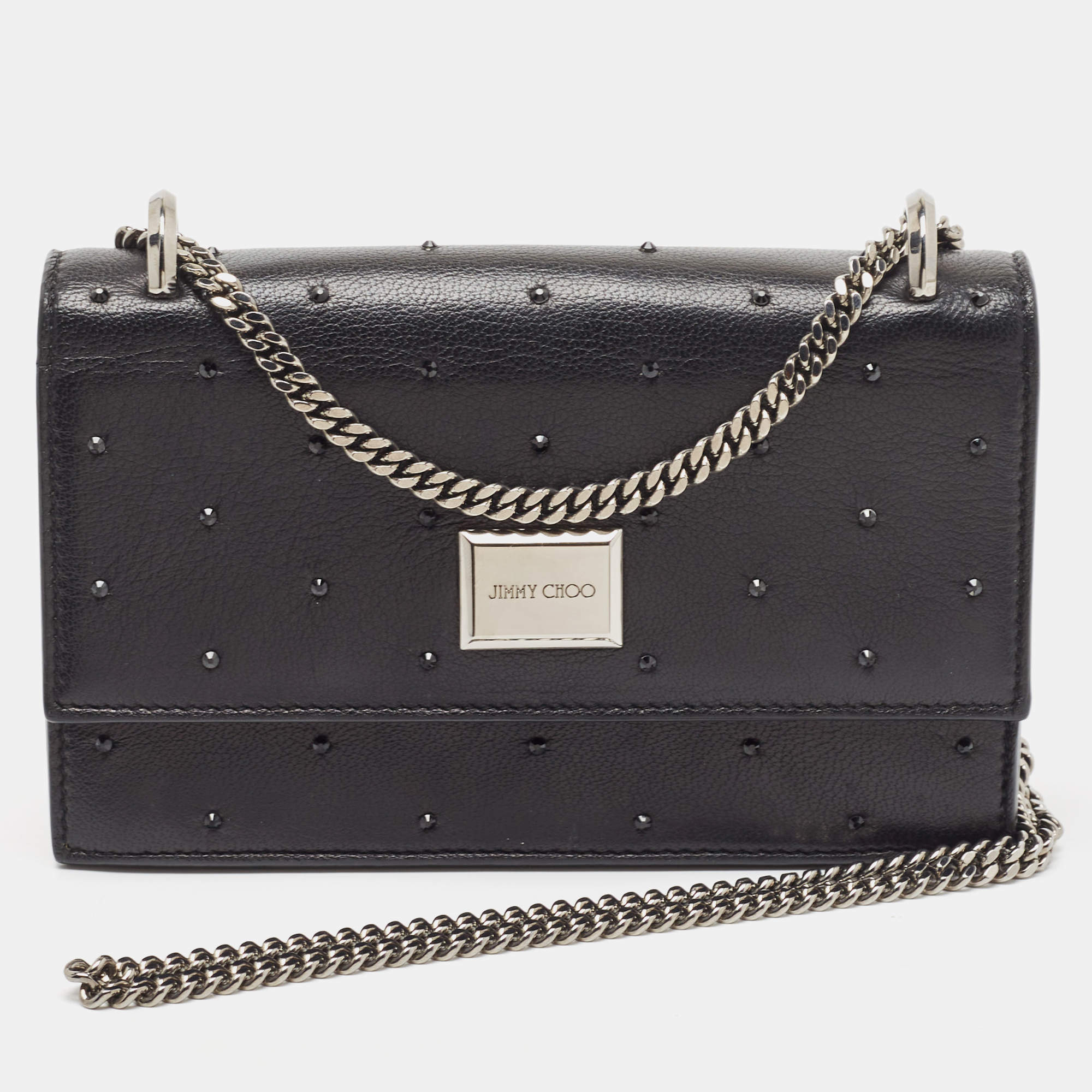 Pre Owned Jimmy Choo Black Leather Crystal Embellished Wallet On Chain