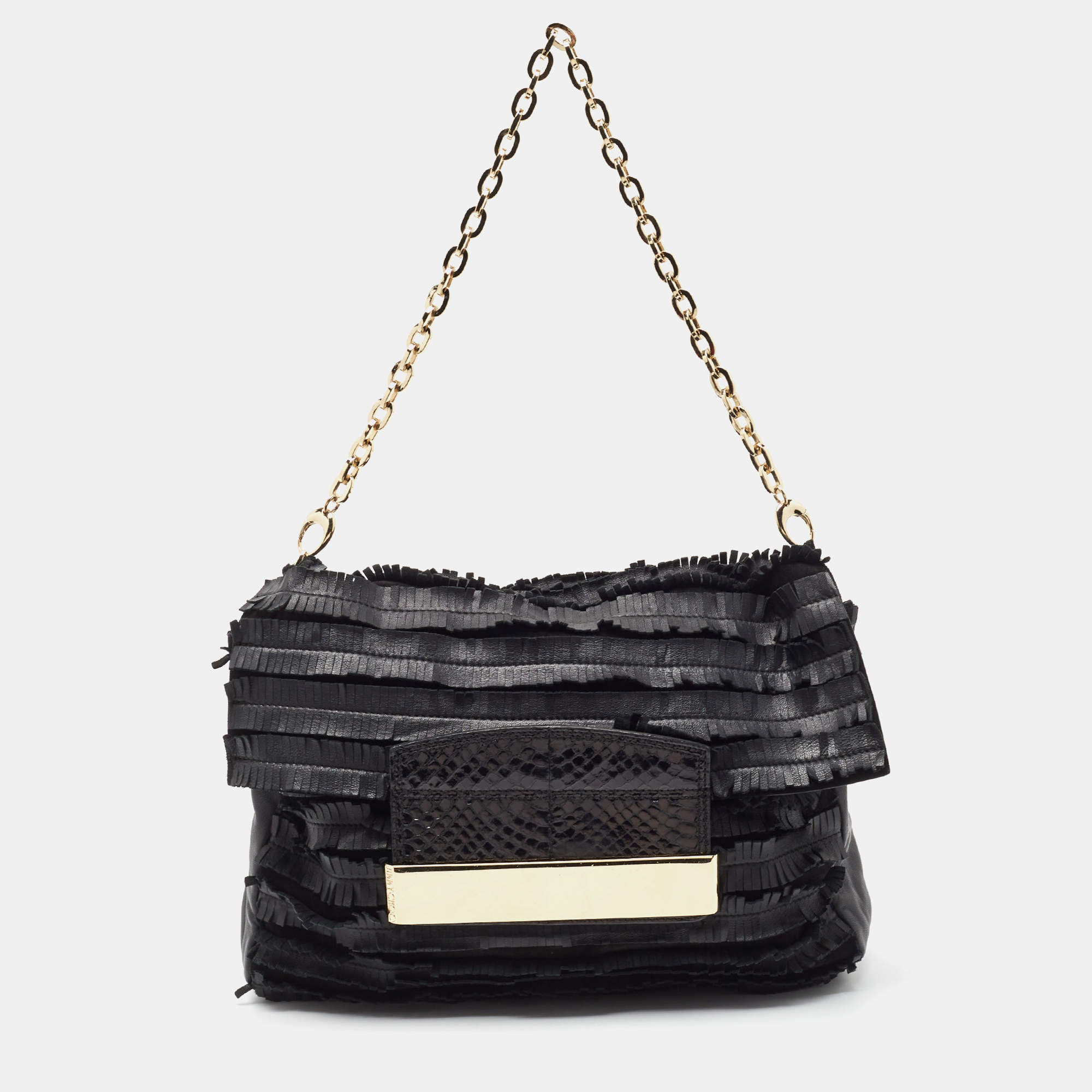 Pre Owned Jimmy Choo Black Python Leather and Suede Carolina Fringe Shoulder Bag