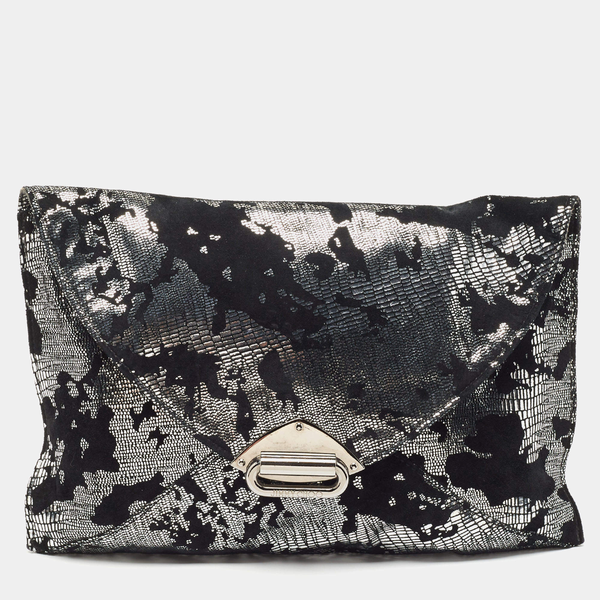 Pre Owned Jimmy Choo Black/Silver Suede and Foil Clutch