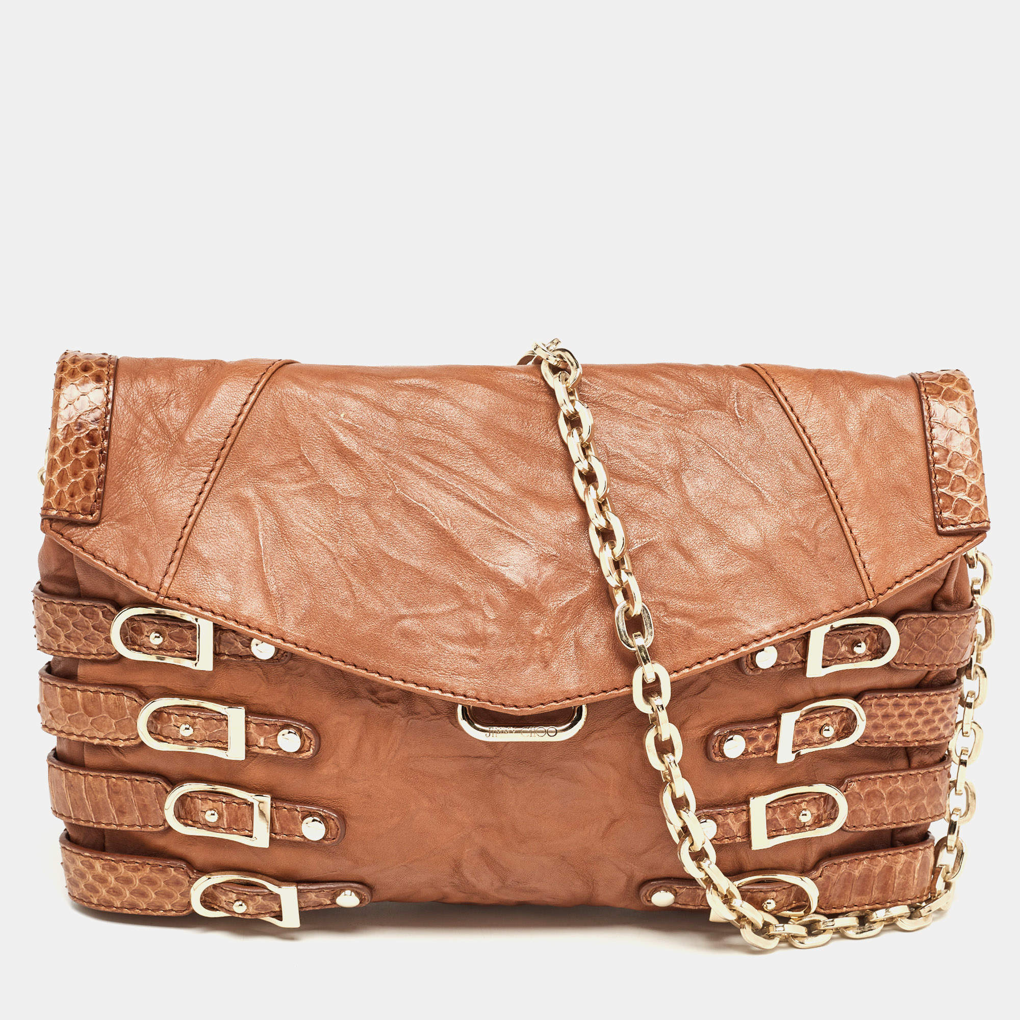 Pre Owned Jimmy Choo Cognac Leather and Python Trim Brix Convertible Clutch