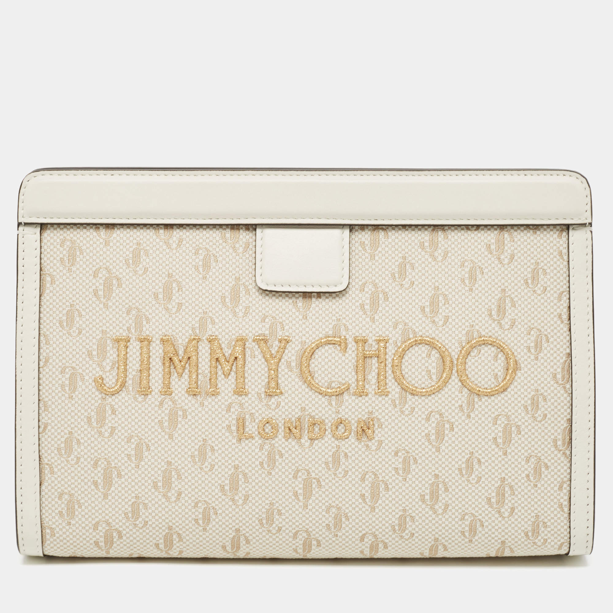 مملوكة مسبقًا Jimmy Choo Beige Jacquard Canvas and Leather Varenne Clutch