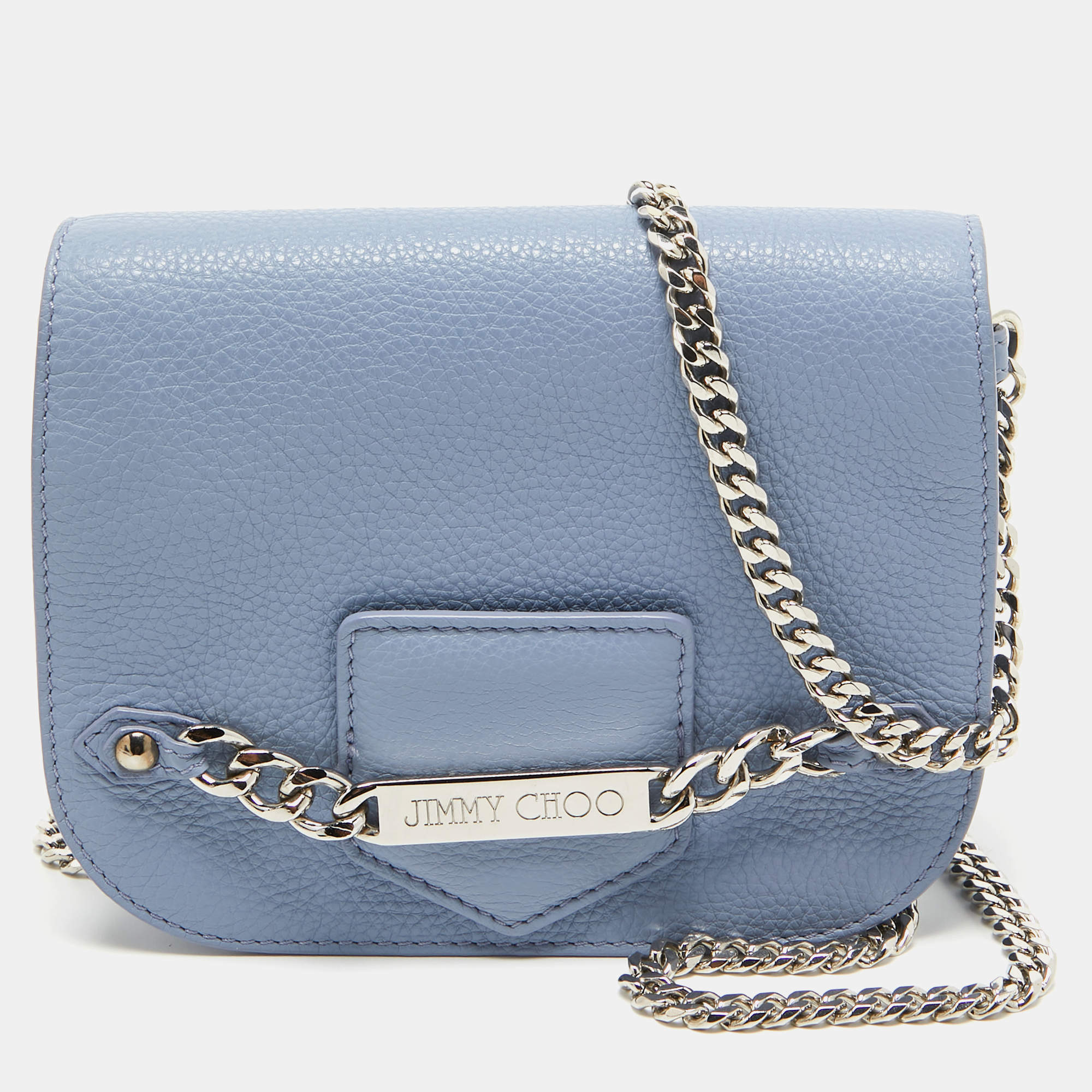 Pre Owned Jimmy Choo Light Blue Leather Shadow Chain Crossbody Bag