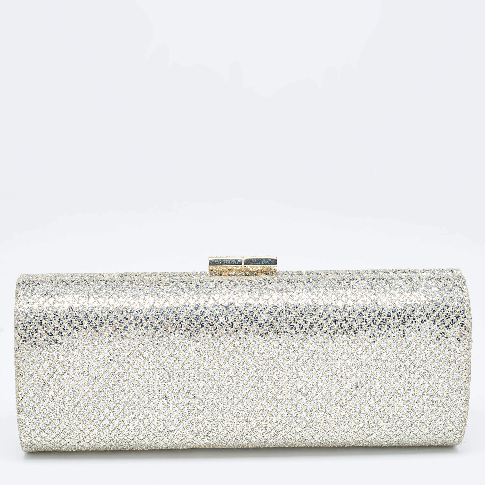 Pre Owned Jimmy Choo Gold Glitter Lurex Fabric Twill Tube Clutch