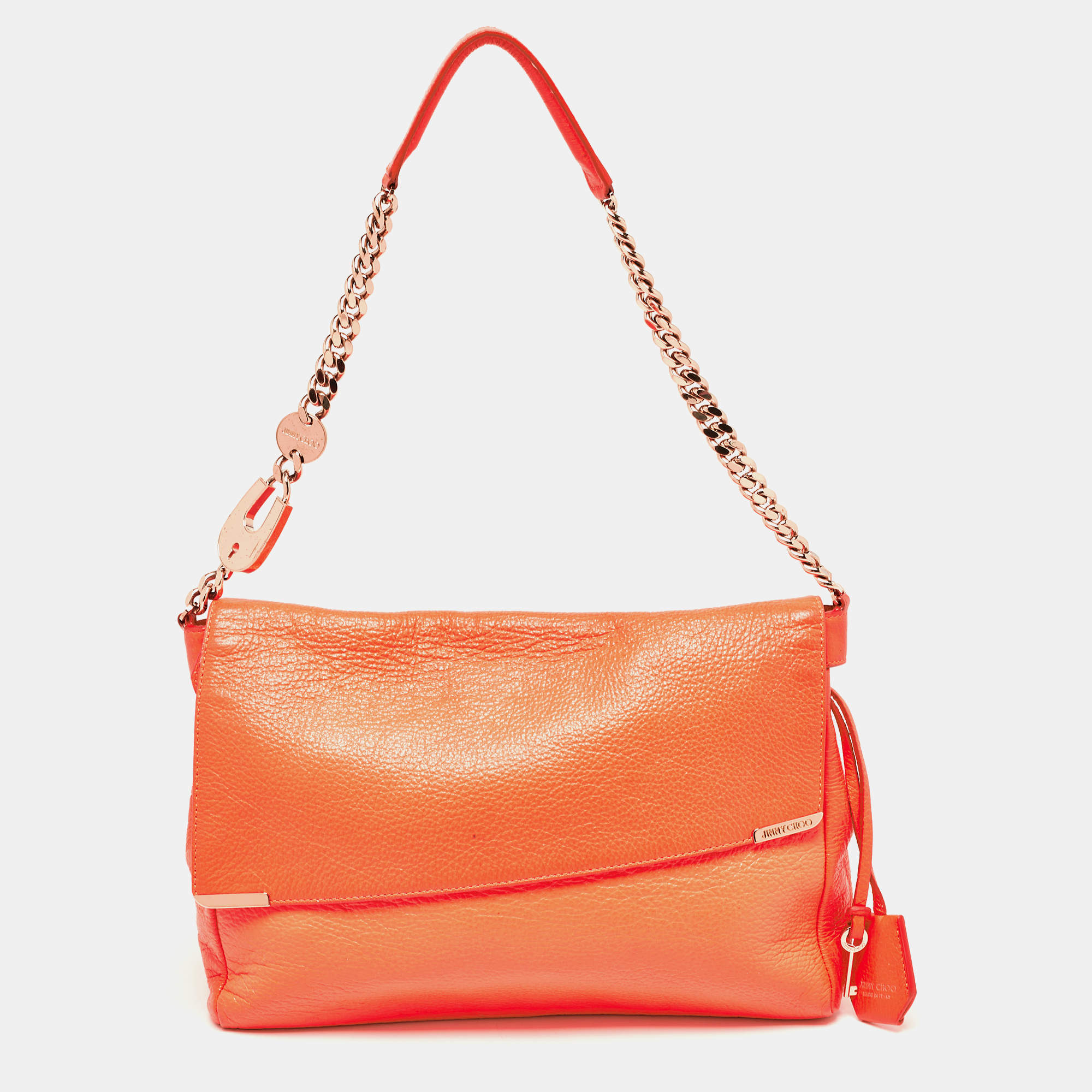 Pre Owned Jimmy Choo Neon Orange Leather Flap Shoulder Bag