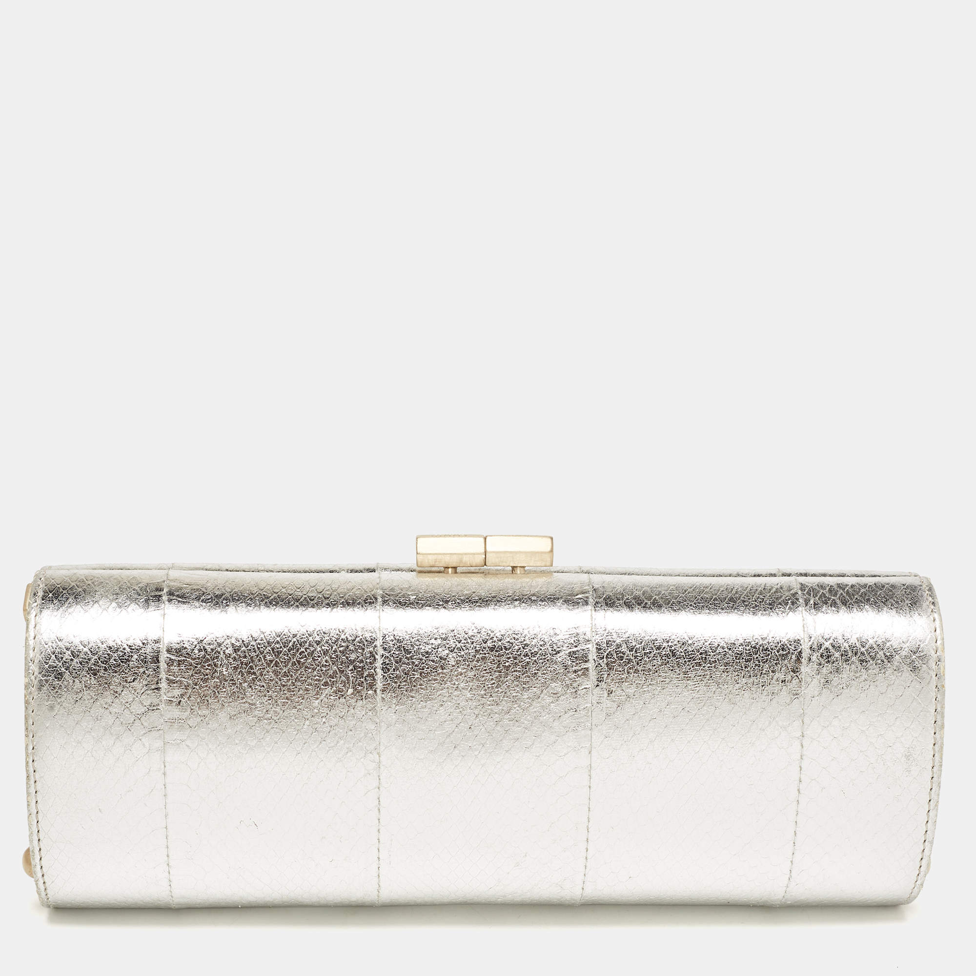 Pre Owned Jimmy Choo Silver Watersnake Leather Twill Tube Clutch