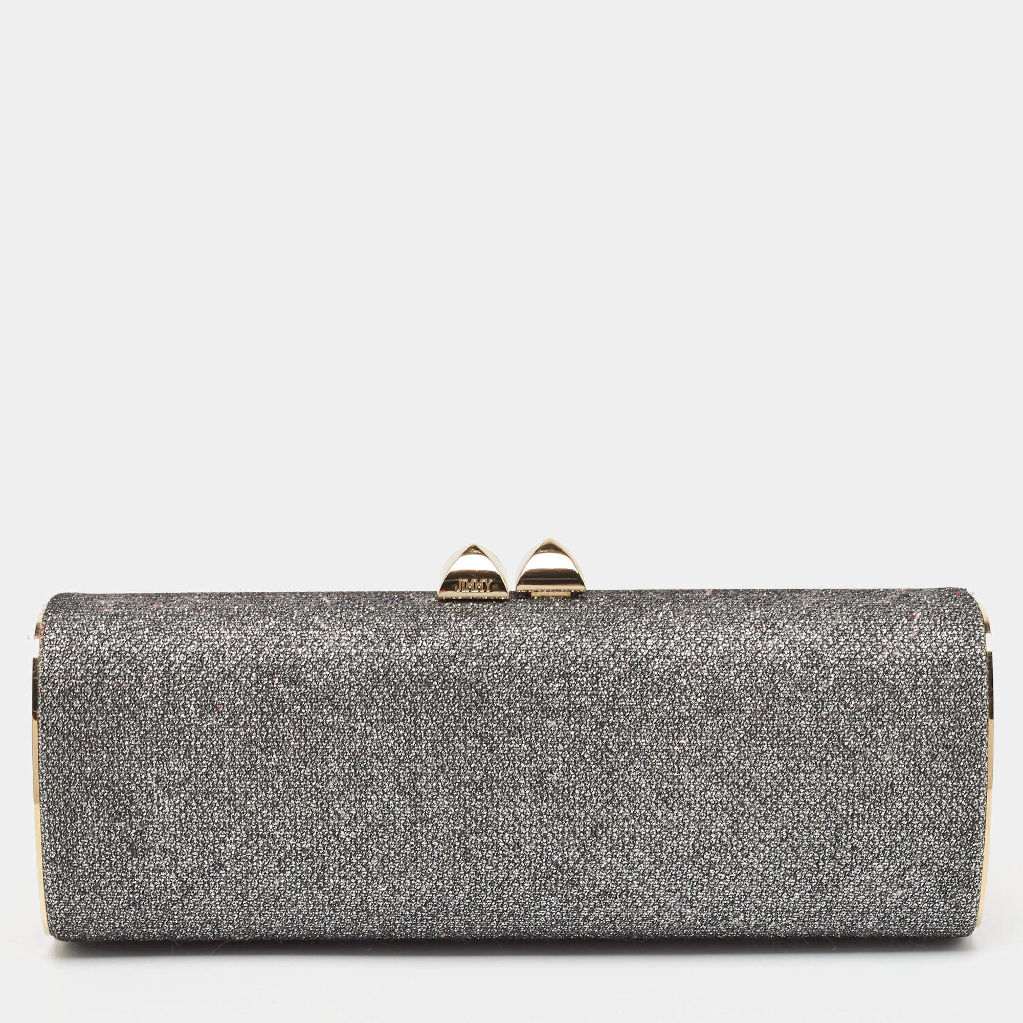 Pre Owned Jimmy Choo Silver Glitter Lurex Fabric Twill Tube Clutch