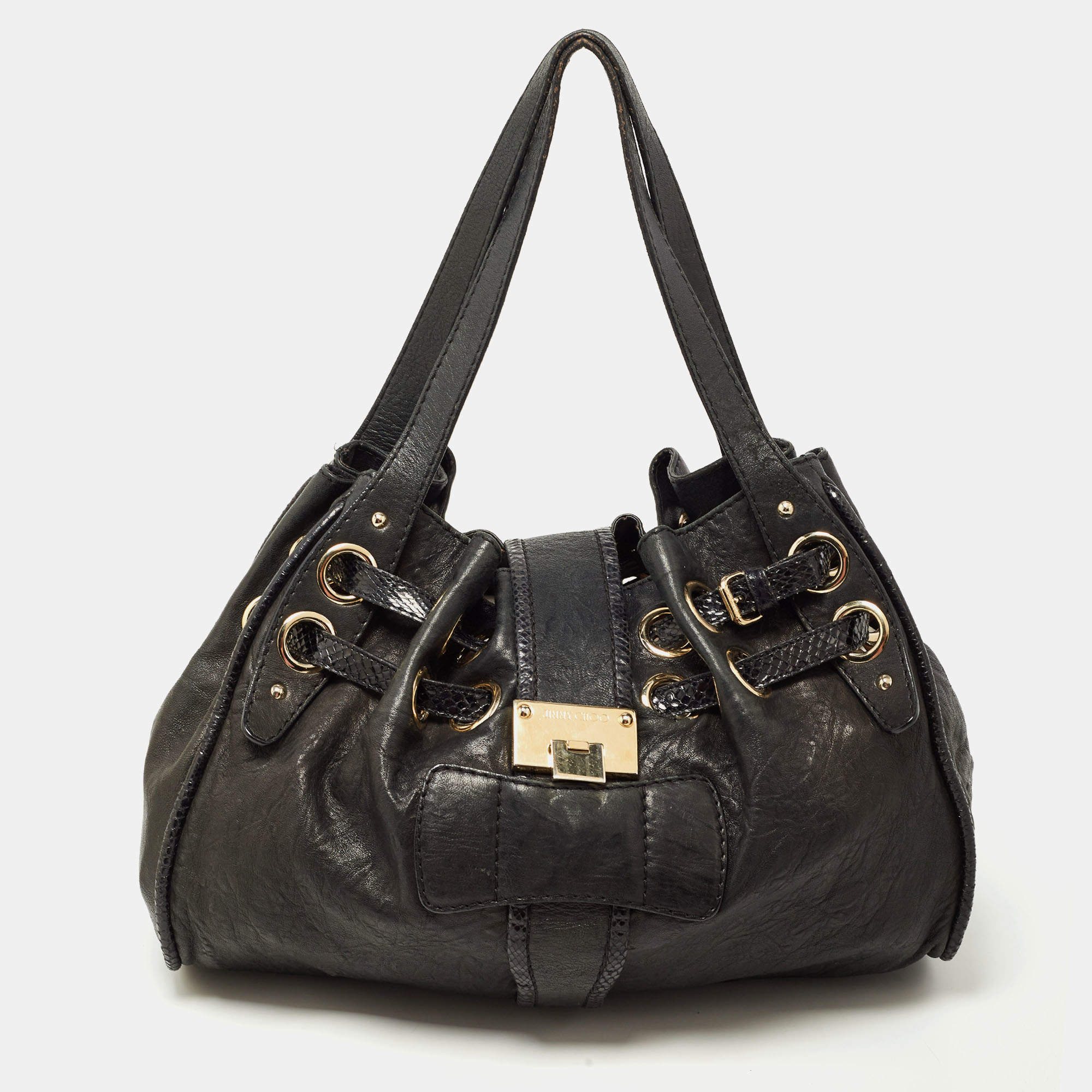 Jimmy Choo Black Leather and Snakeskin Trim Large Riki Bag