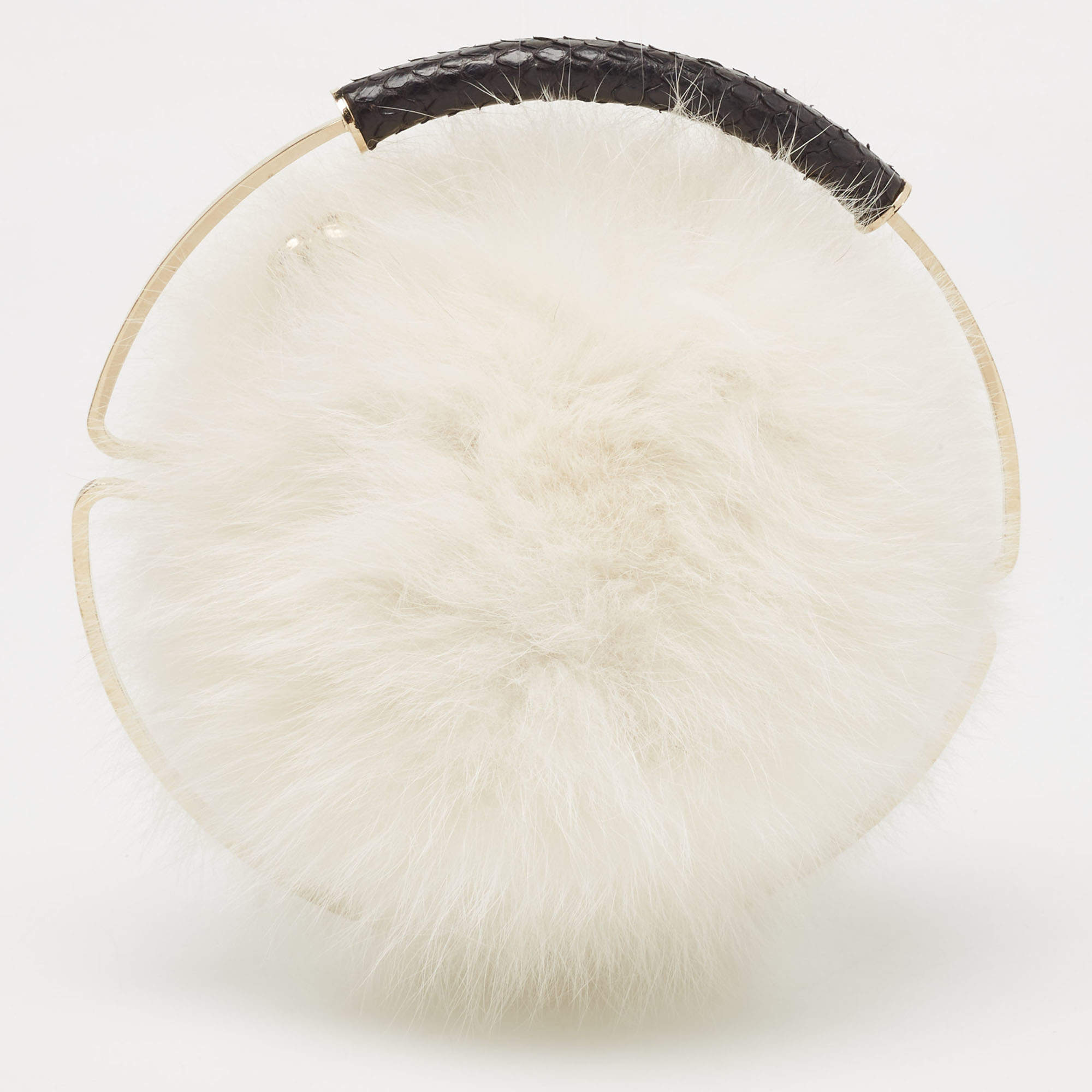 Pre Owned Jimmy Choo White Rabbit Fur and Snakeskin Round Metal Clutch