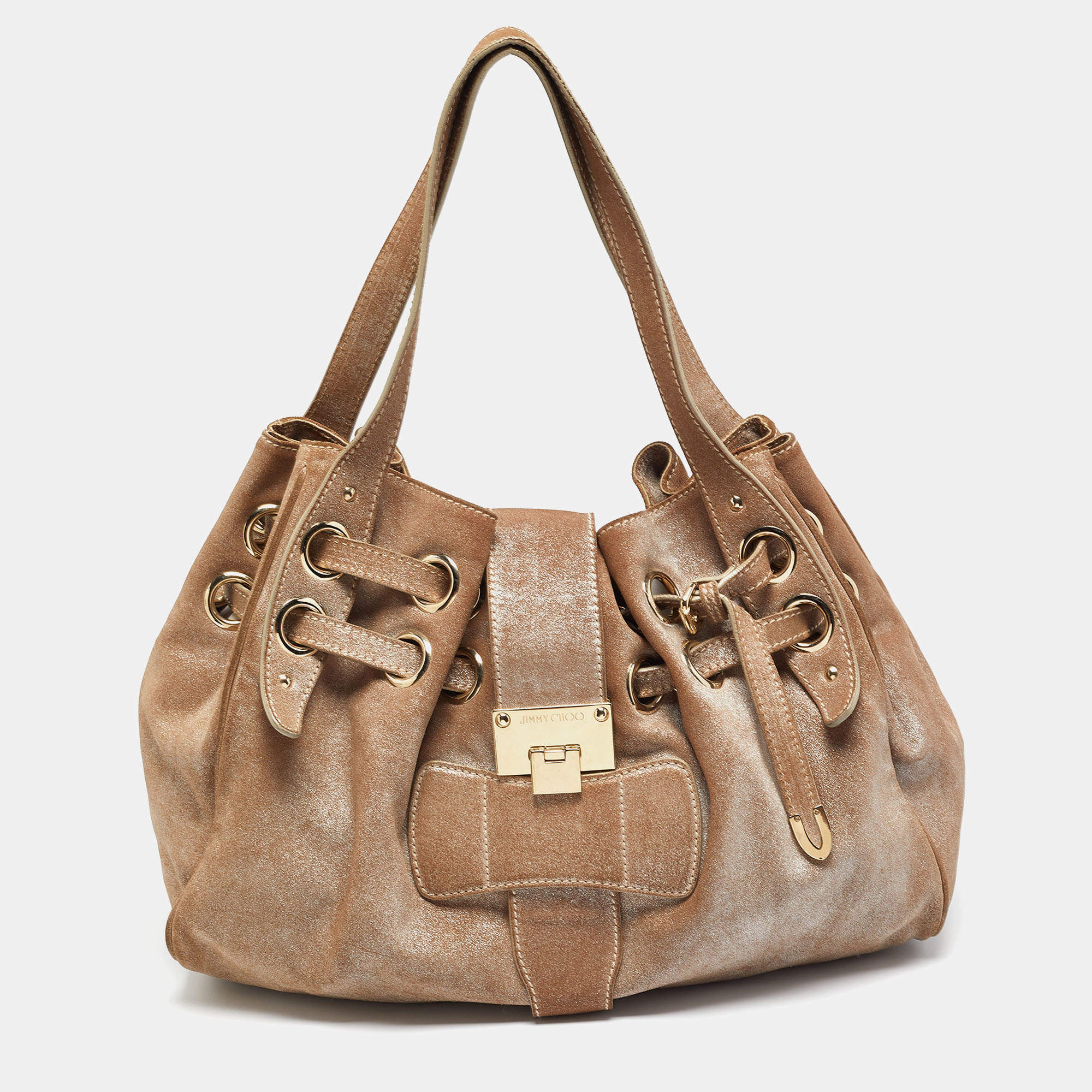 Jimmy Choo Dark Beige/Silver Shimmering Suede Ramona Tote 