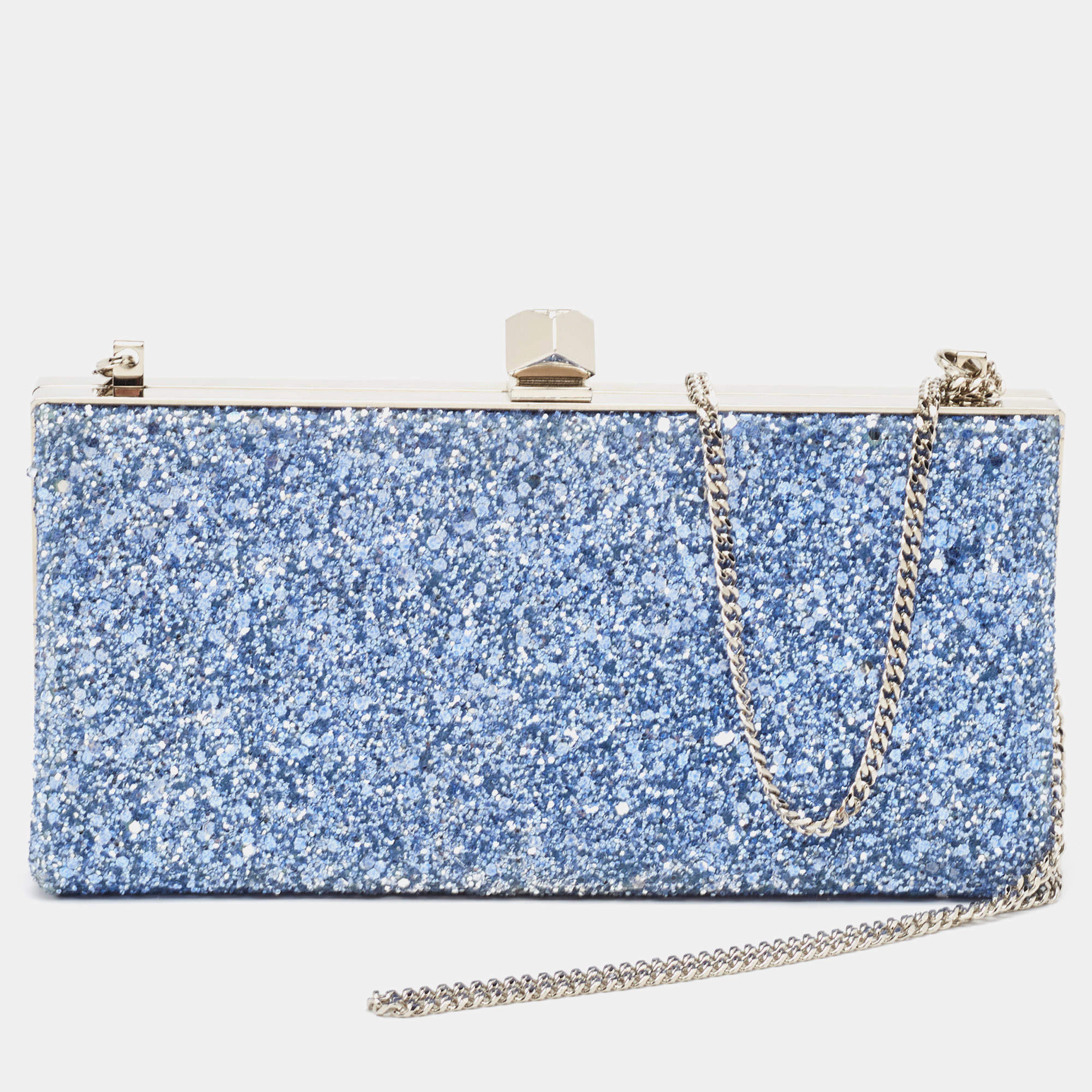 Pre Owned Jimmy Choo Blue Glitter Celeste Chain Clutch