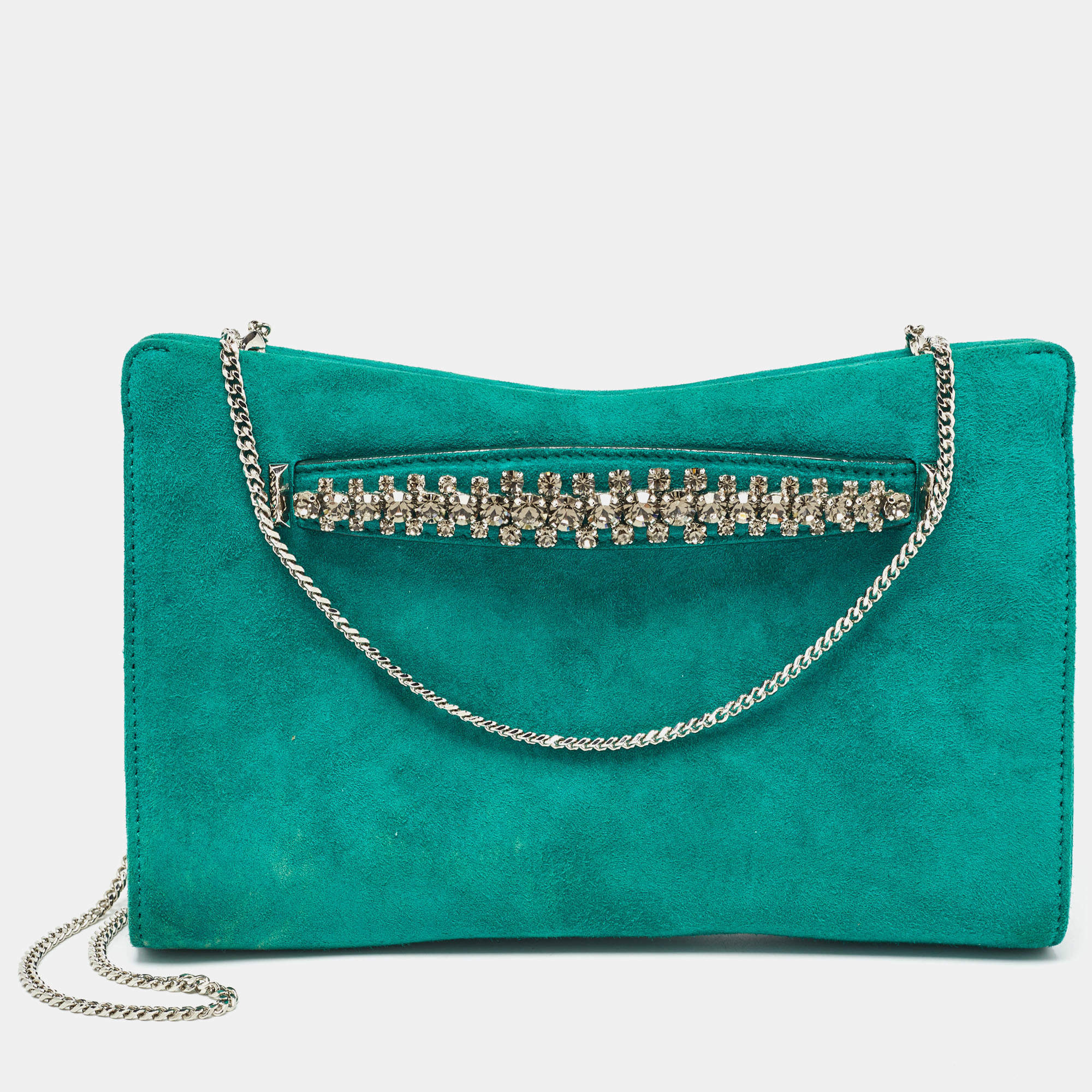 Pre Owned Jimmy Choo Green Suede Crystals Venus Clutch On Chain