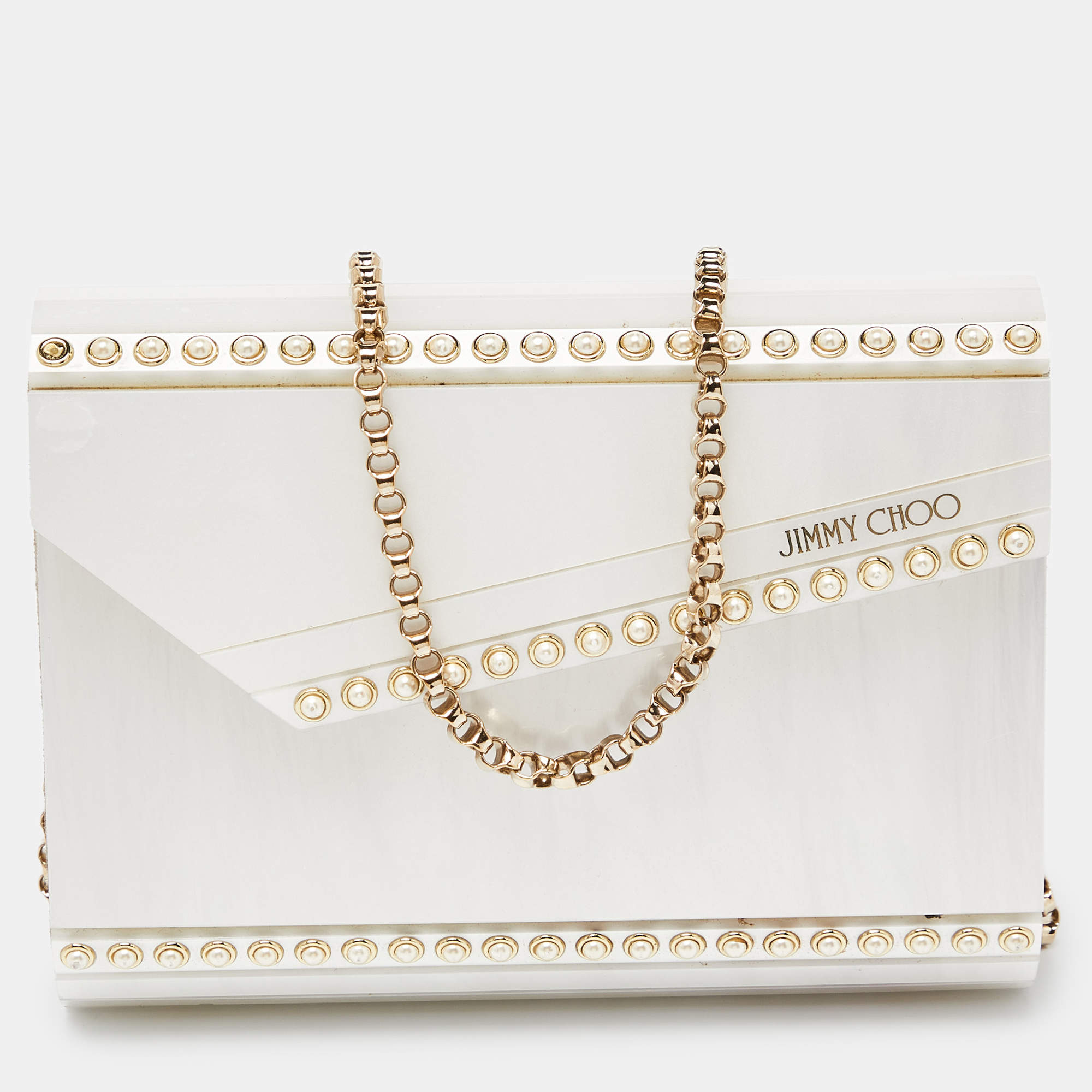Pre Owned Jimmy Choo Off White Pearl Embellished Acrylic and Leather Candy Chain Clutch