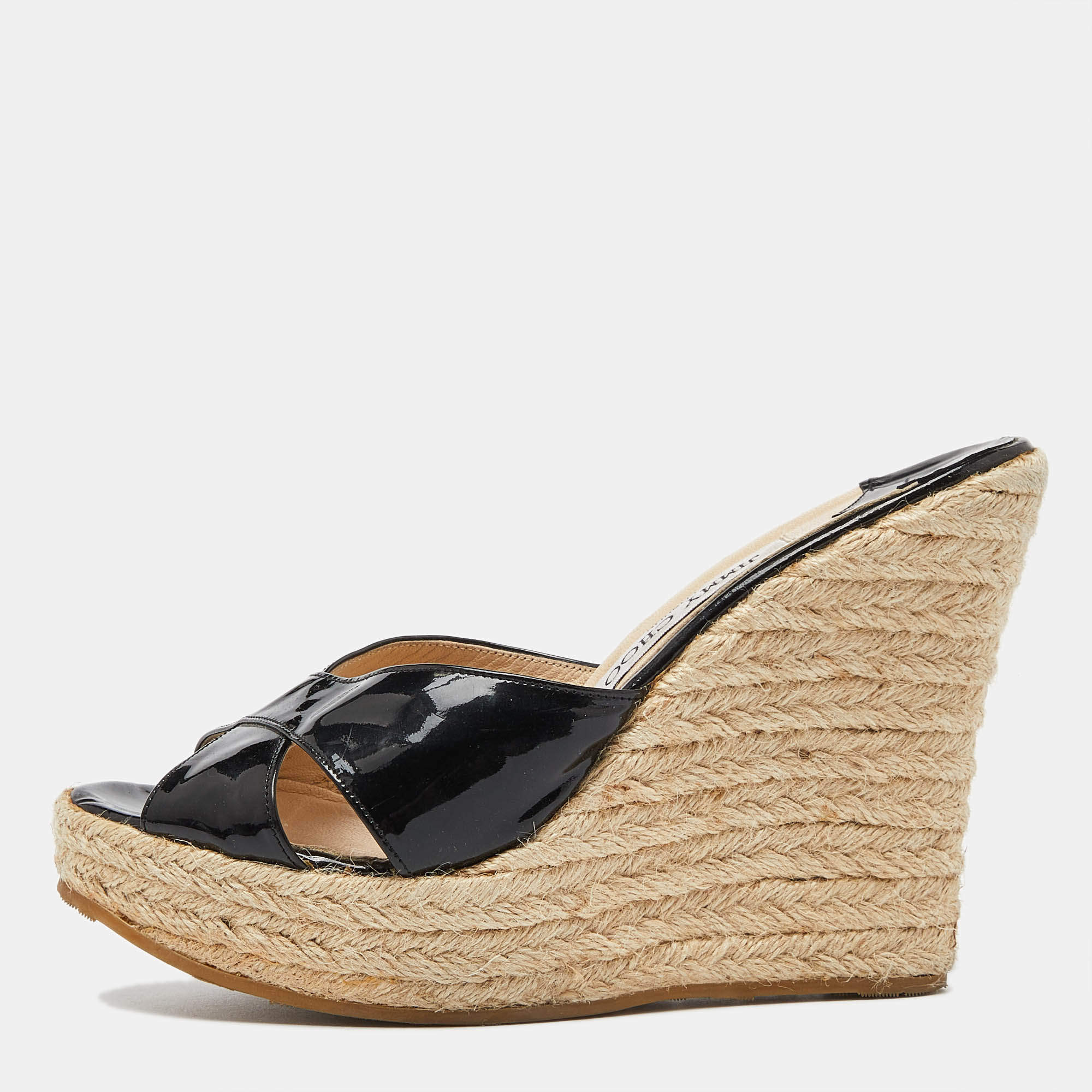 Pre Owned  Jimmy Choo Black Patent Leather Phyllis Espadrille Wedge Sandals Size 39