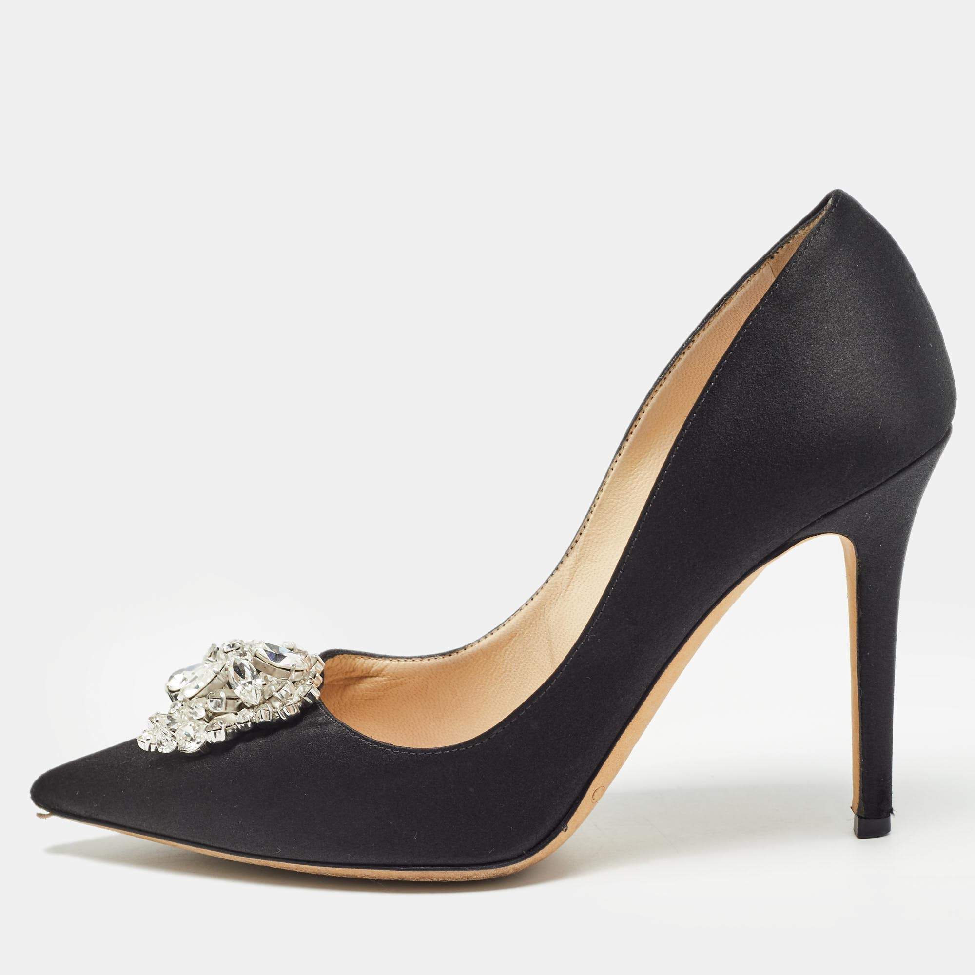 Pre Owned Jimmy Choo Black Satin Crystal Embellished Manda Pumps Size 36