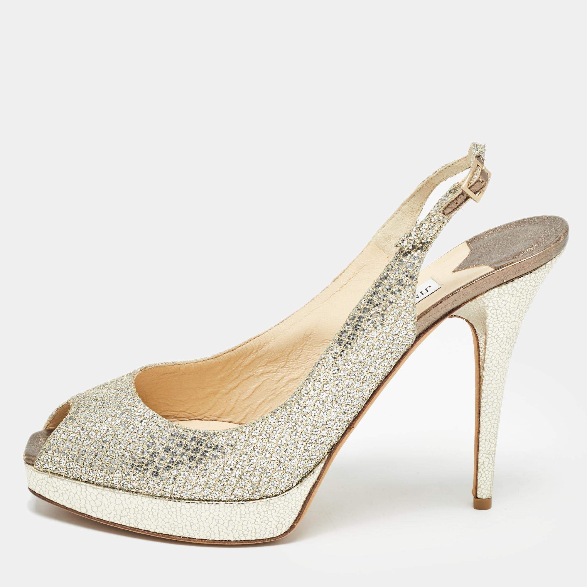 Pre Owned Jimmy Choo Silver Glitter Nova Slingblack Pumps Size 42 