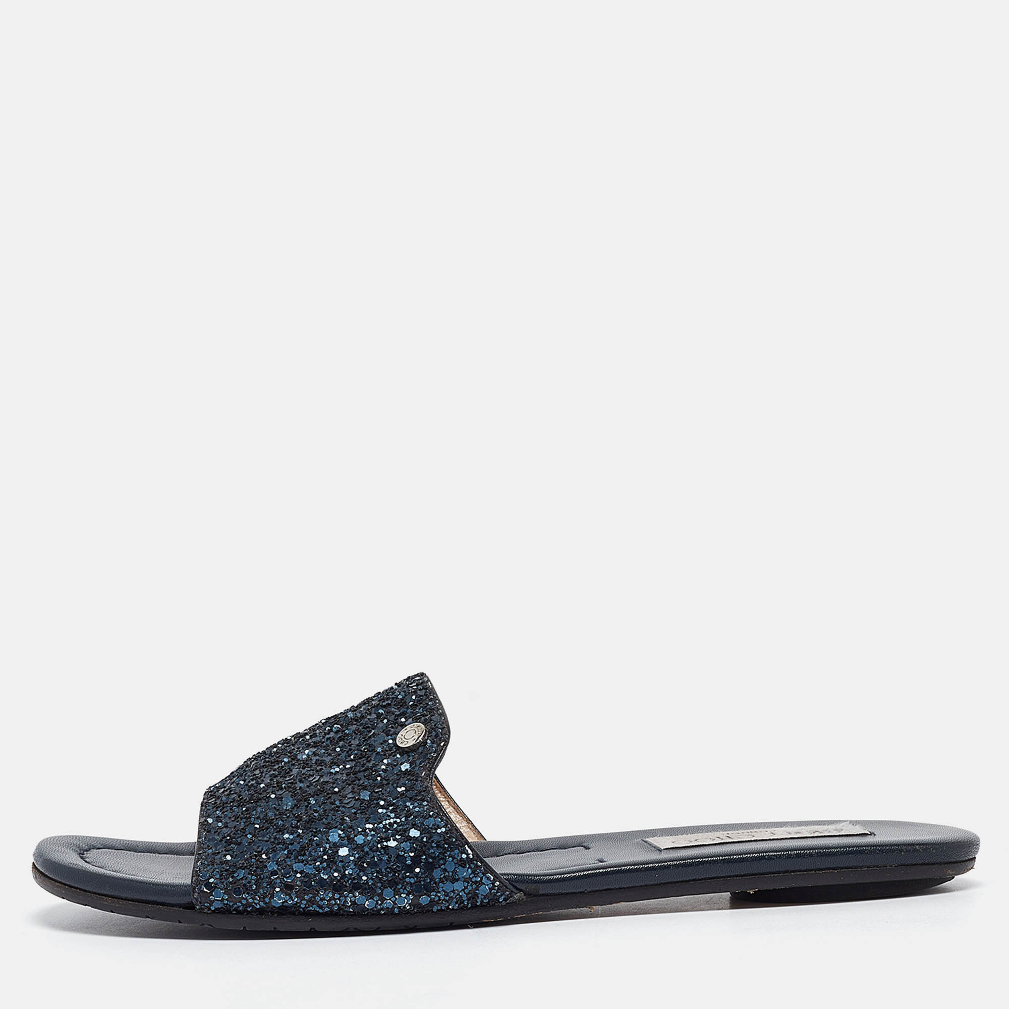 Jimmy Choo Navy Blue Glitter Nanda Flat Slides Size 37