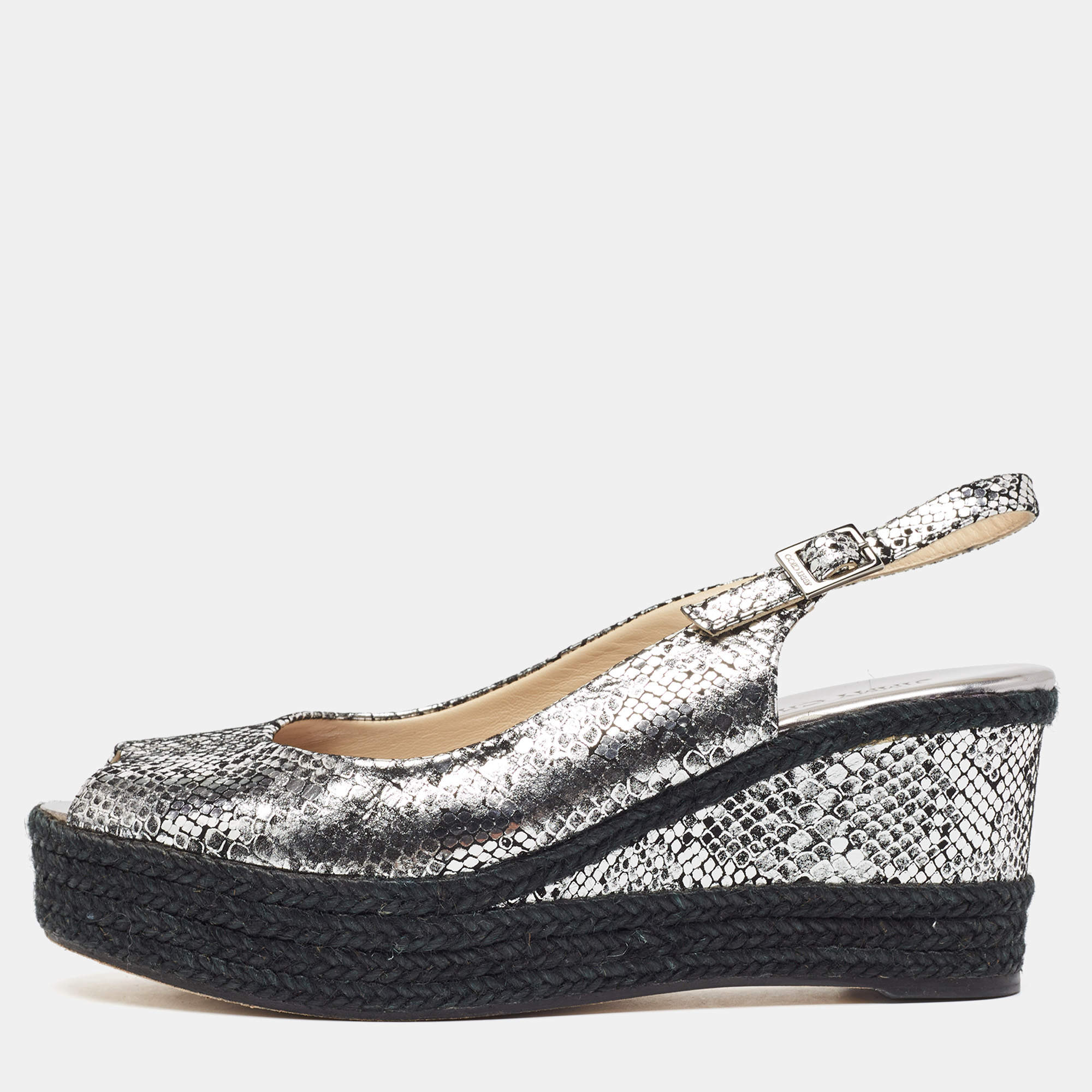 Pre Owned Jimmy Choo Silver Snake Embossed Leather Wedge Sandals Size 40