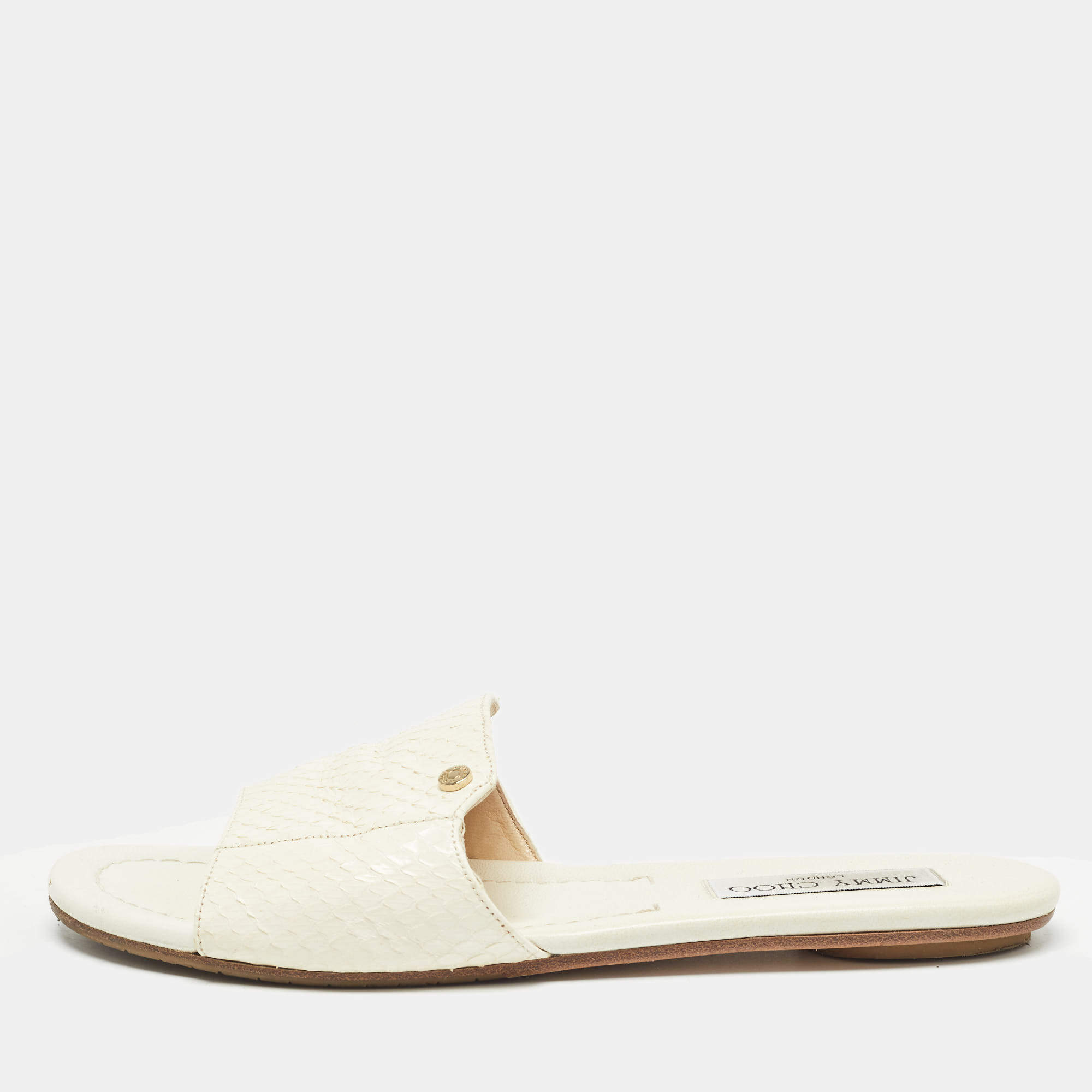 Pre Owned Jimmy Choo Cream Snakeskin Nanda Flat Slides Size 38