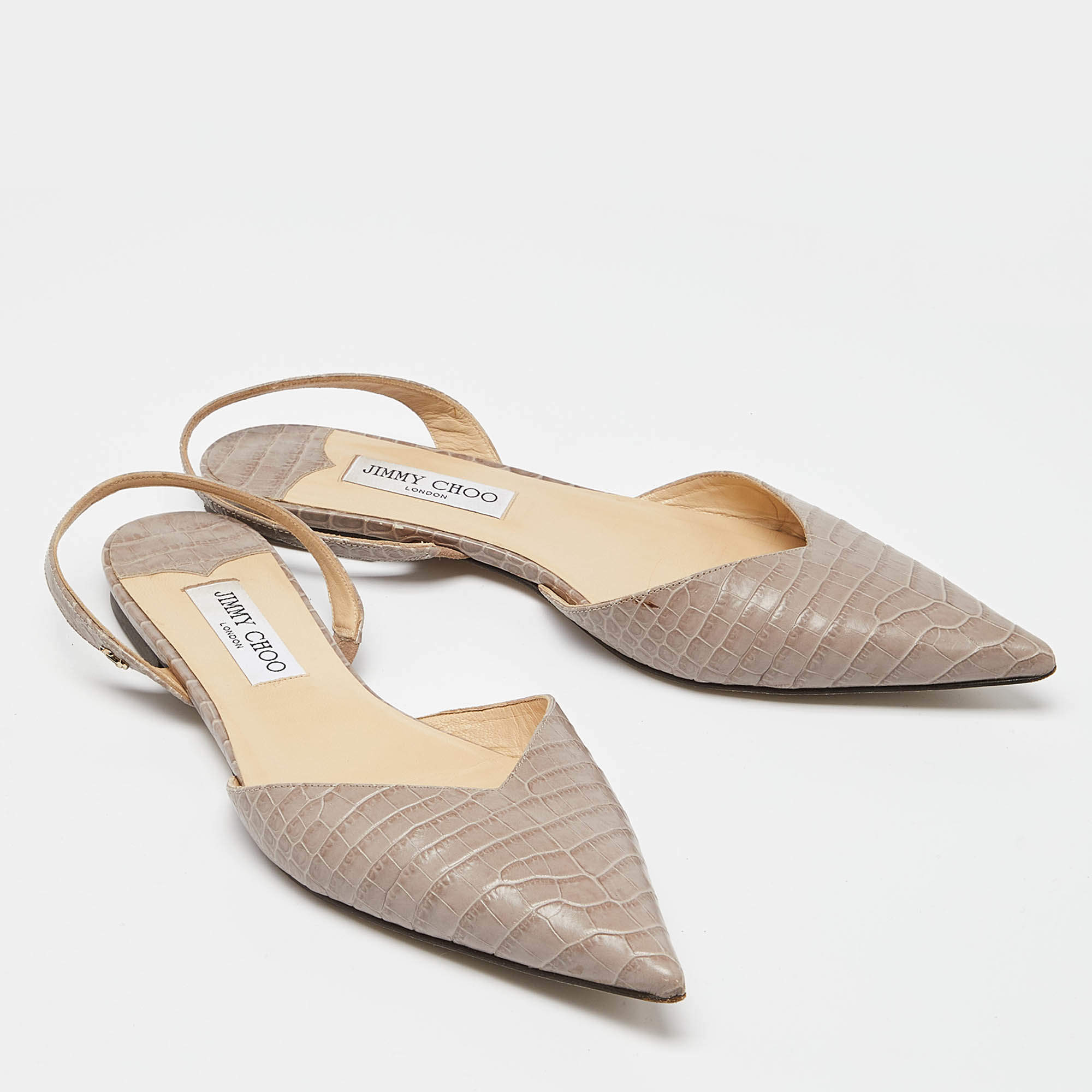 Pre Owned Jimmy Choo Beige Croc Embossed Leather Slingback Flat Sandals Size 41