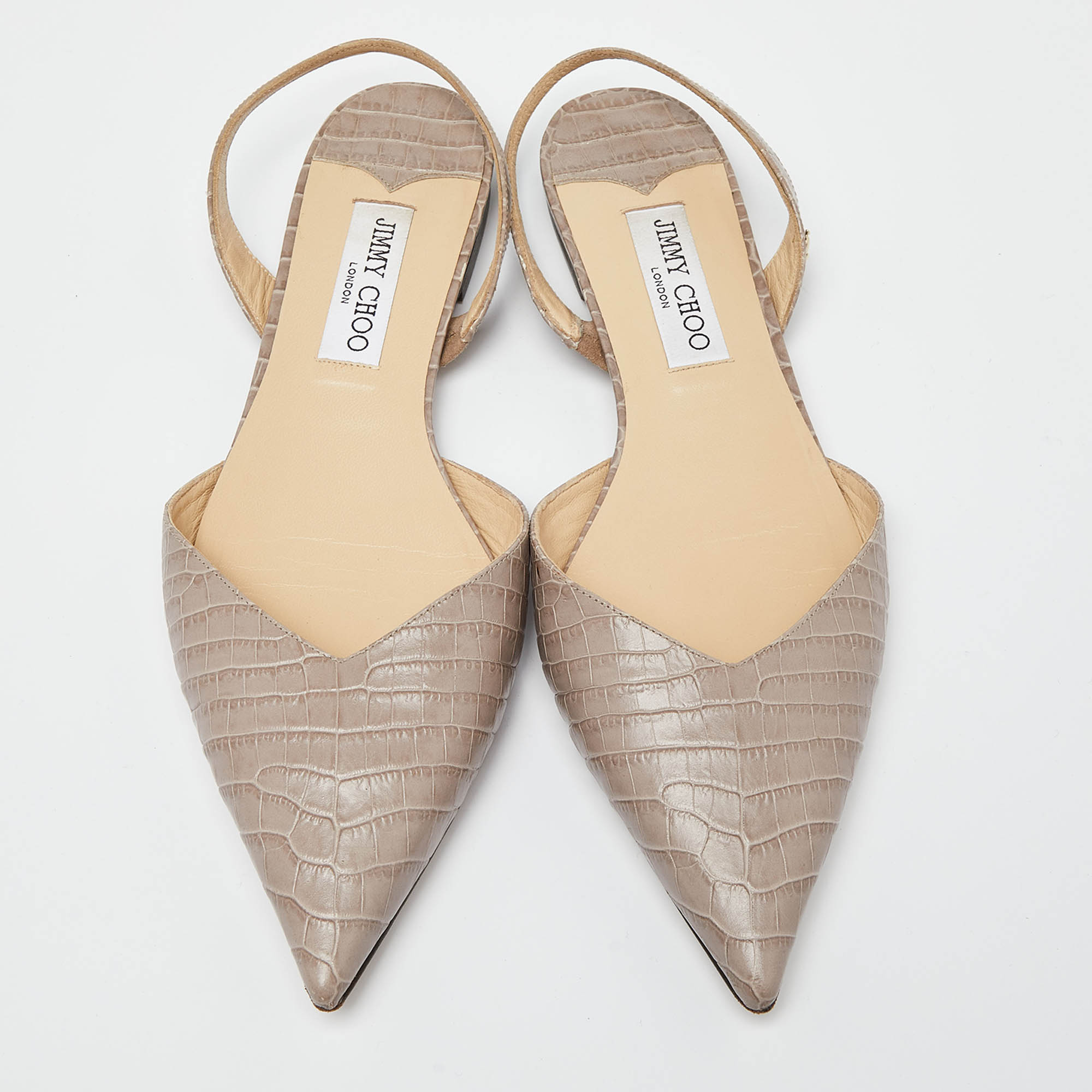 Pre Owned Jimmy Choo Beige Croc Embossed Leather Slingback Flat Sandals Size 41