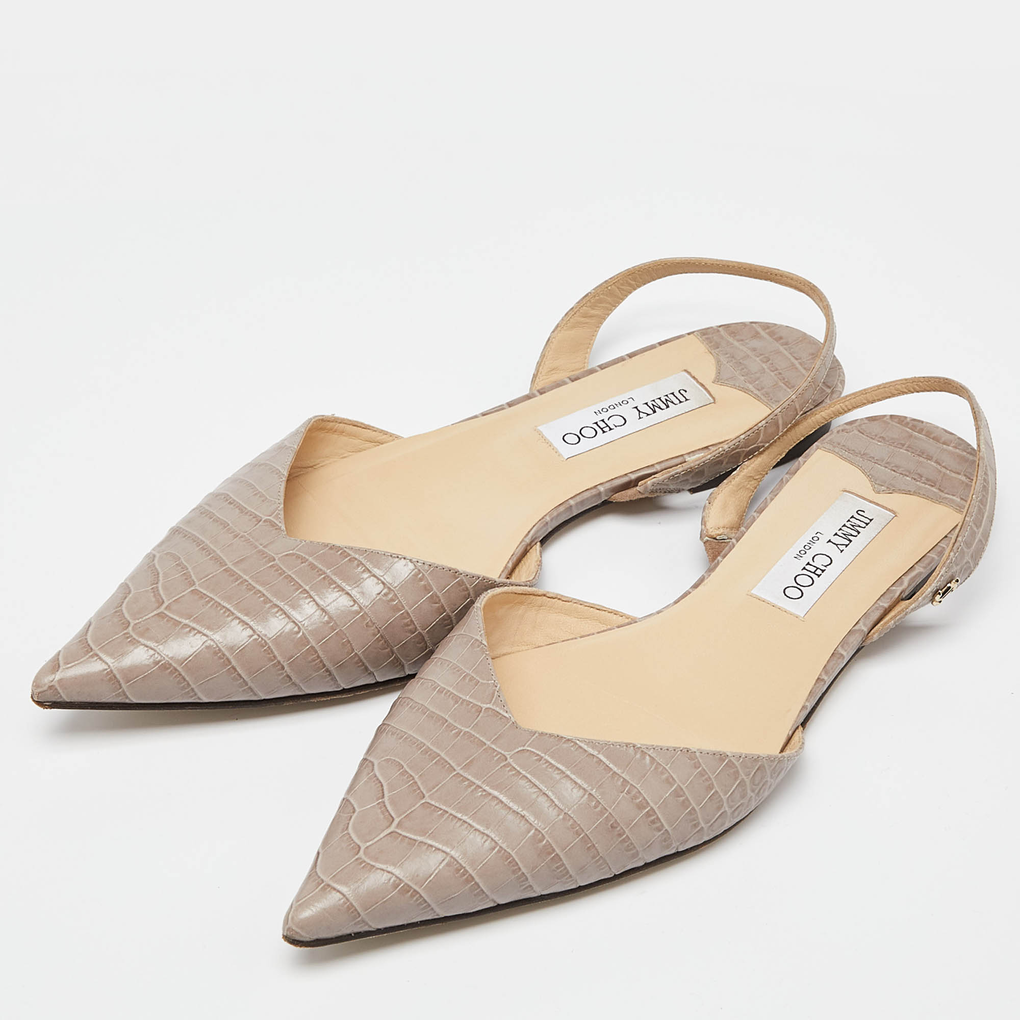 Pre Owned Jimmy Choo Beige Croc Embossed Leather Slingback Flat Sandals Size 41