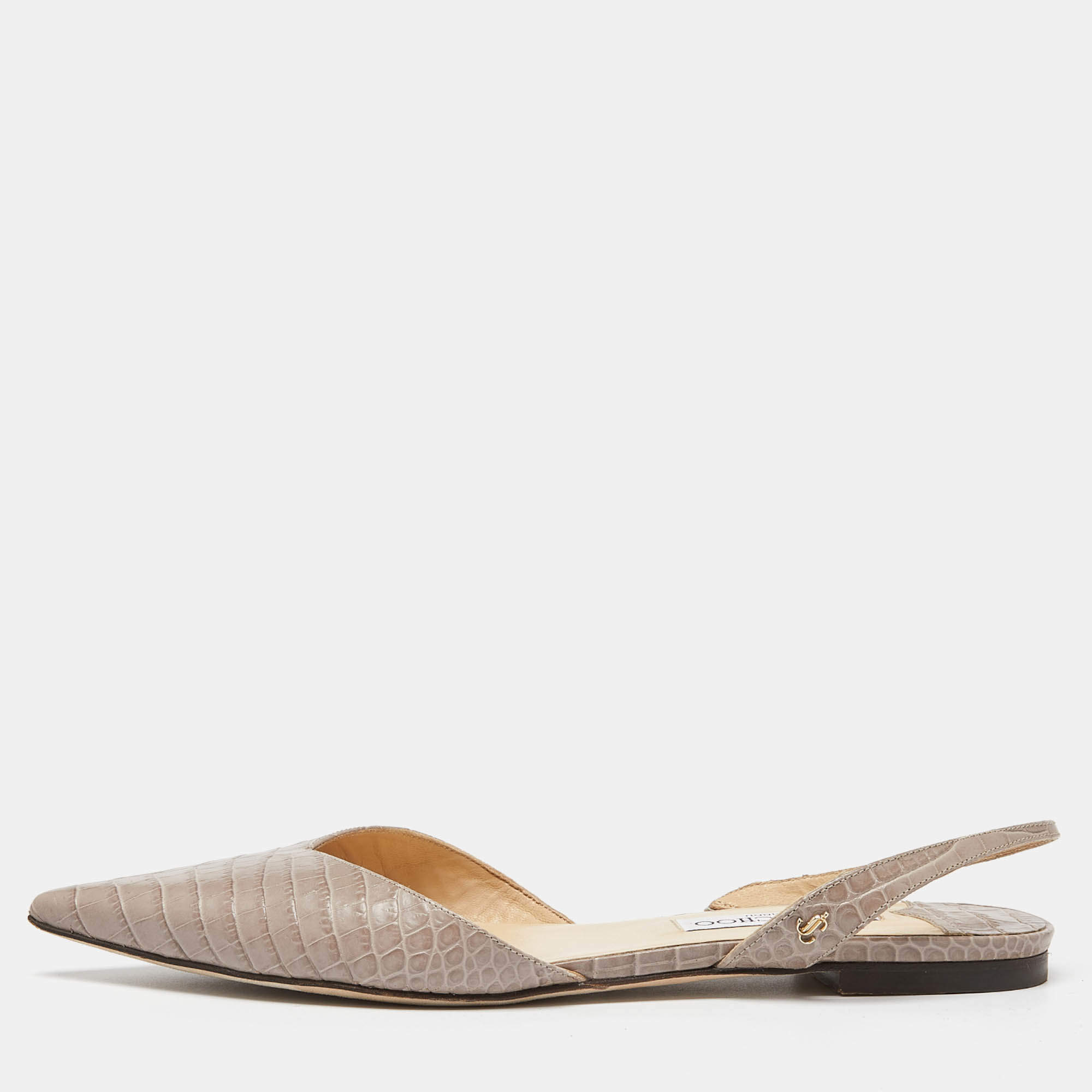 Pre Owned Jimmy Choo Beige Croc Embossed Leather Slingback Flat Sandals Size 41