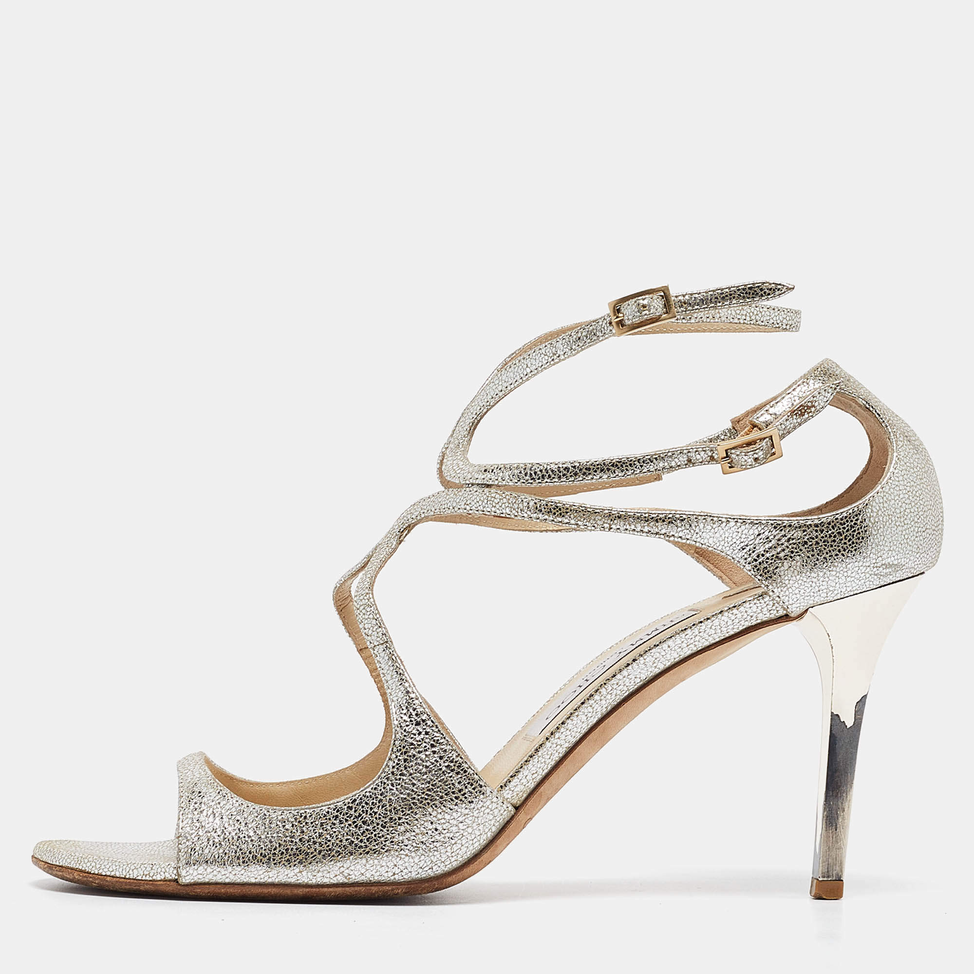 Jimmy Choo Silver Leather Lang Ankle Strap  Sandals Size 41